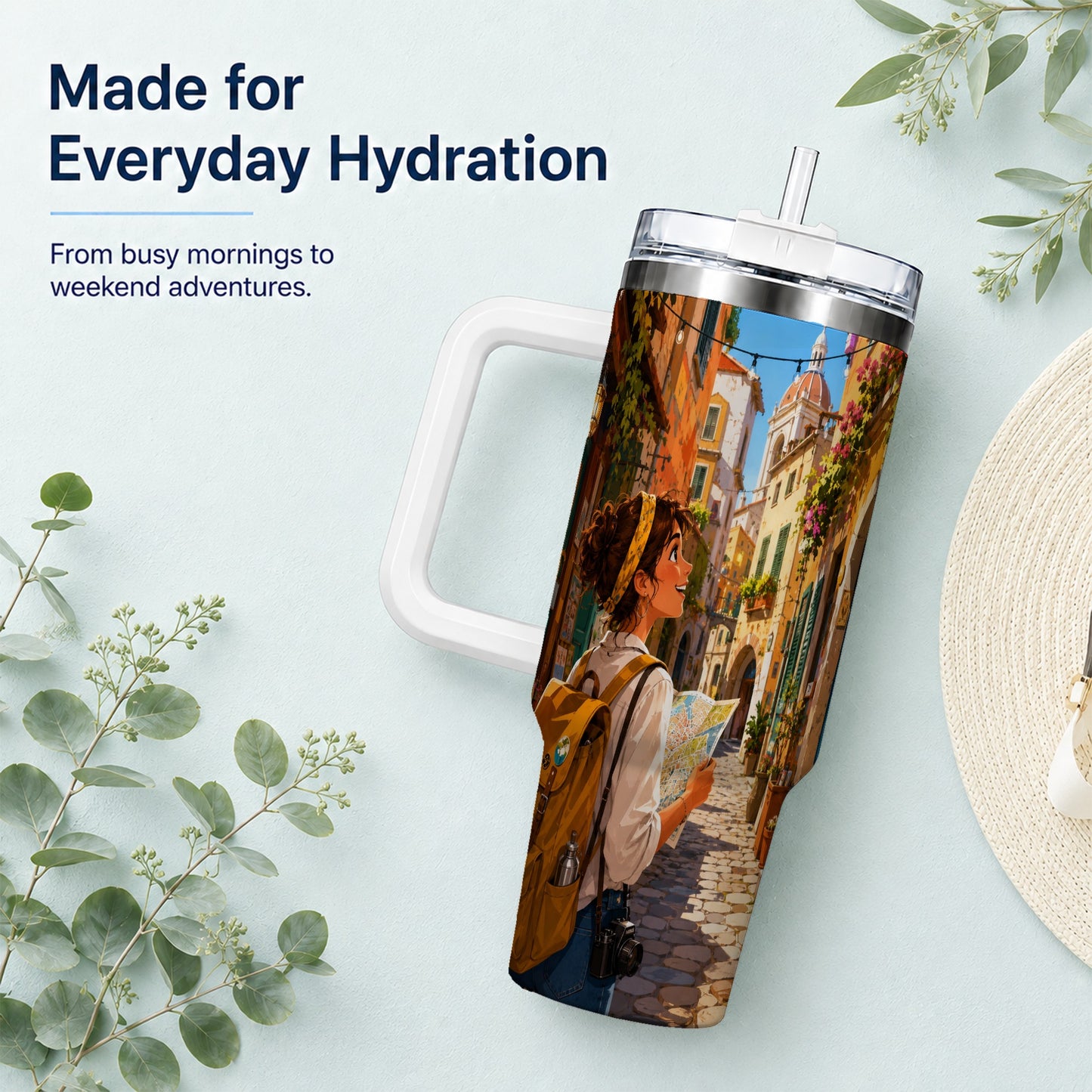 #pl[40oz|White] City Traveler 40oz Tumbler with Handle, Colorful Old Town Adventure