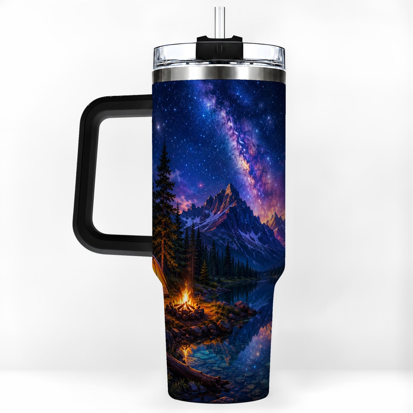 #pl[40oz|Black] Milky Way Camping 40oz Tumbler with Handle, Mountain Night Scene