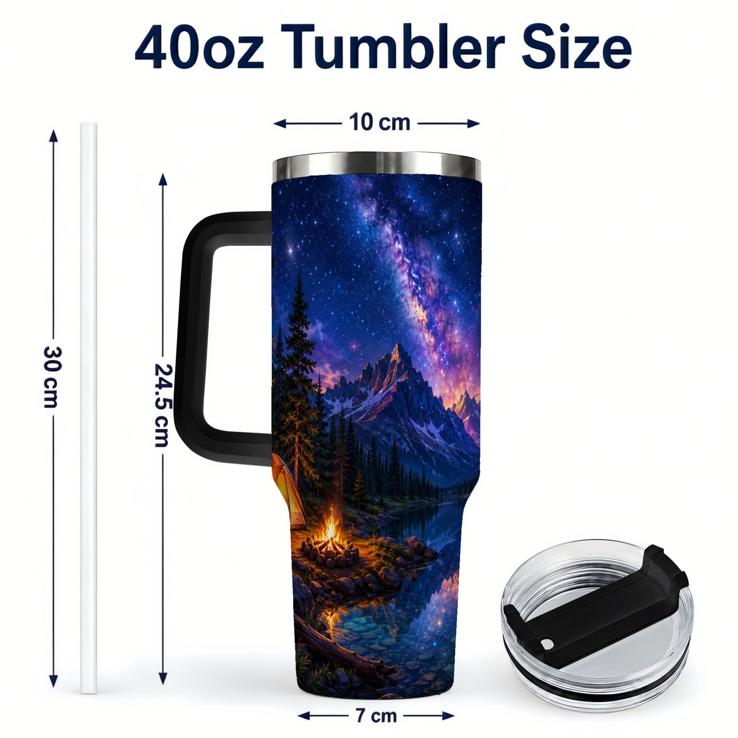 #pl[40oz|Black] Milky Way Camping 40oz Tumbler with Handle, Mountain Night Scene
