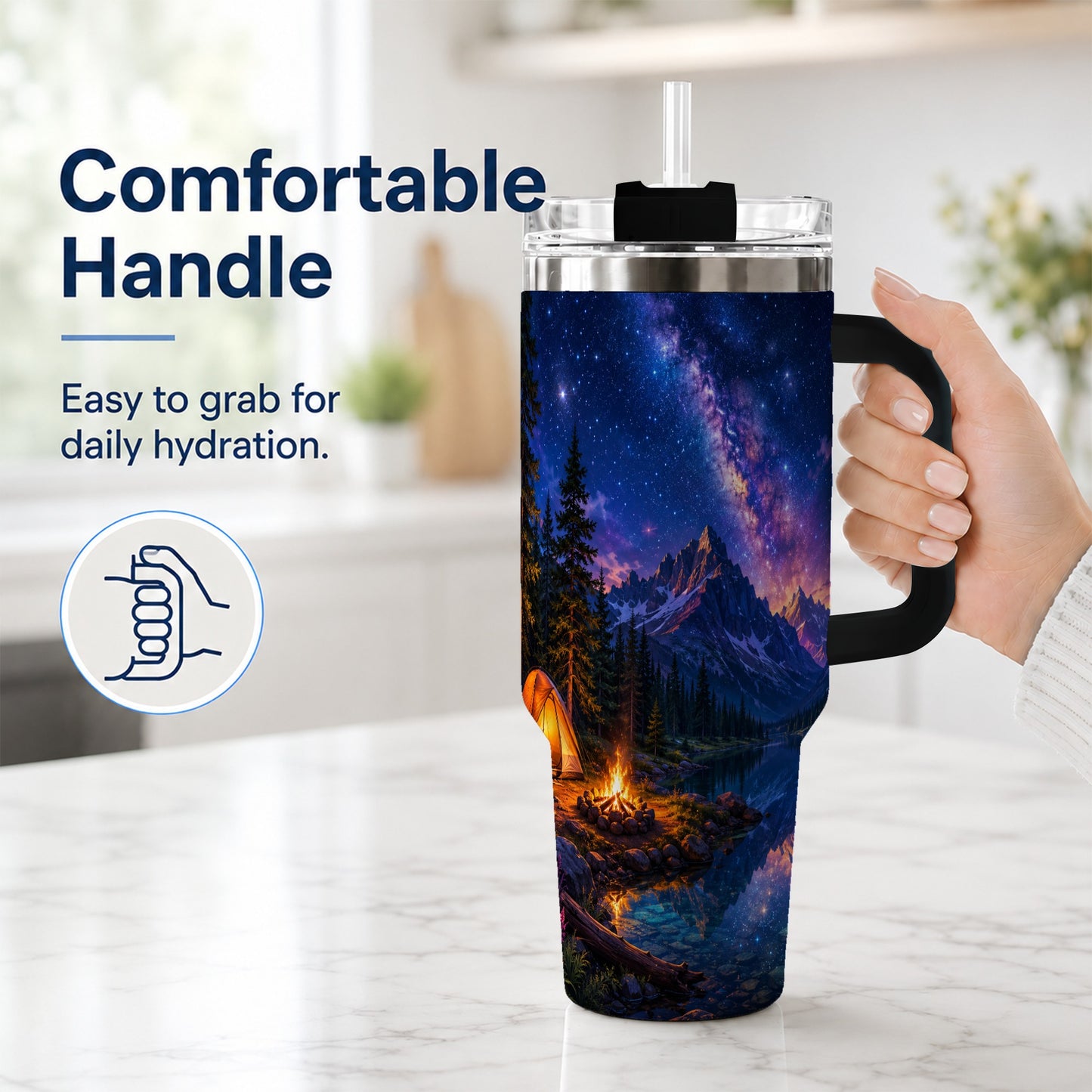 #pl[40oz|Black] Milky Way Camping 40oz Tumbler with Handle, Mountain Night Scene