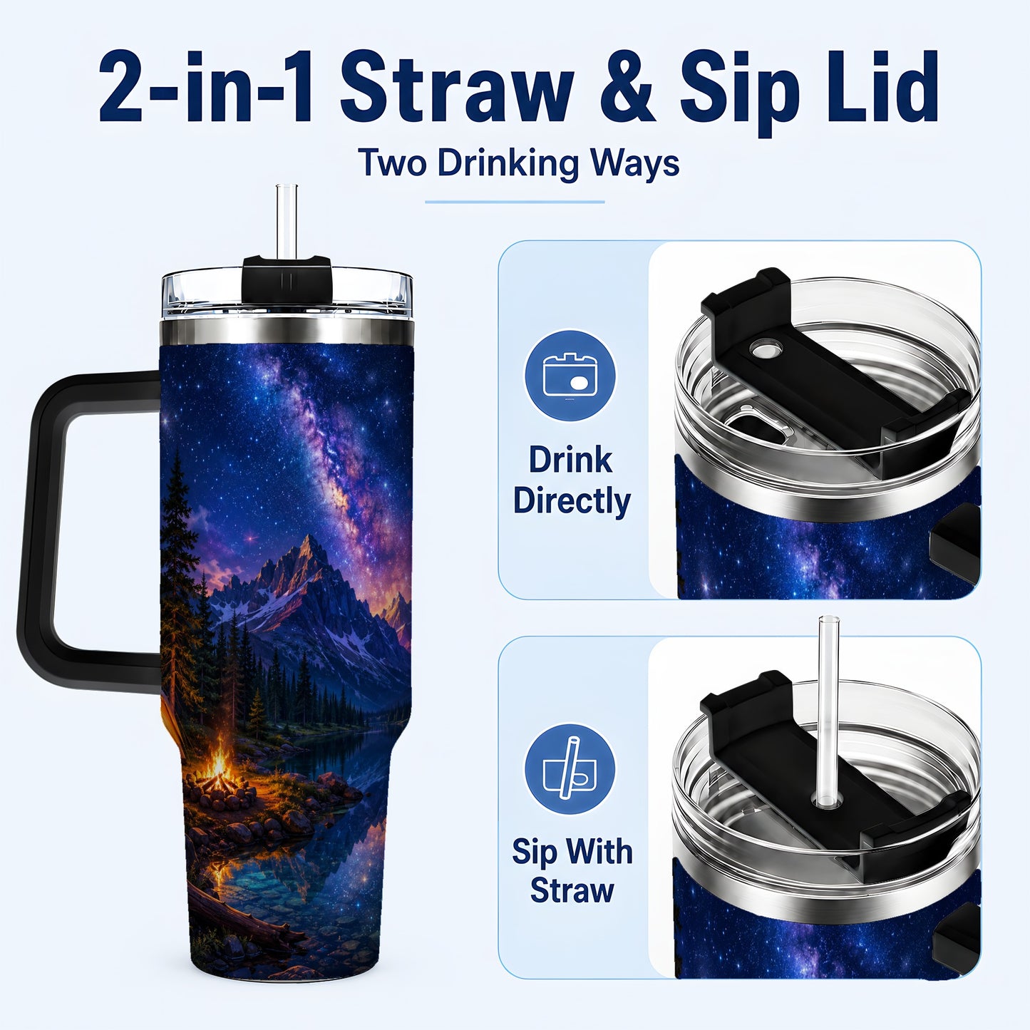 #pl[40oz|Black] Milky Way Camping 40oz Tumbler with Handle, Mountain Night Scene