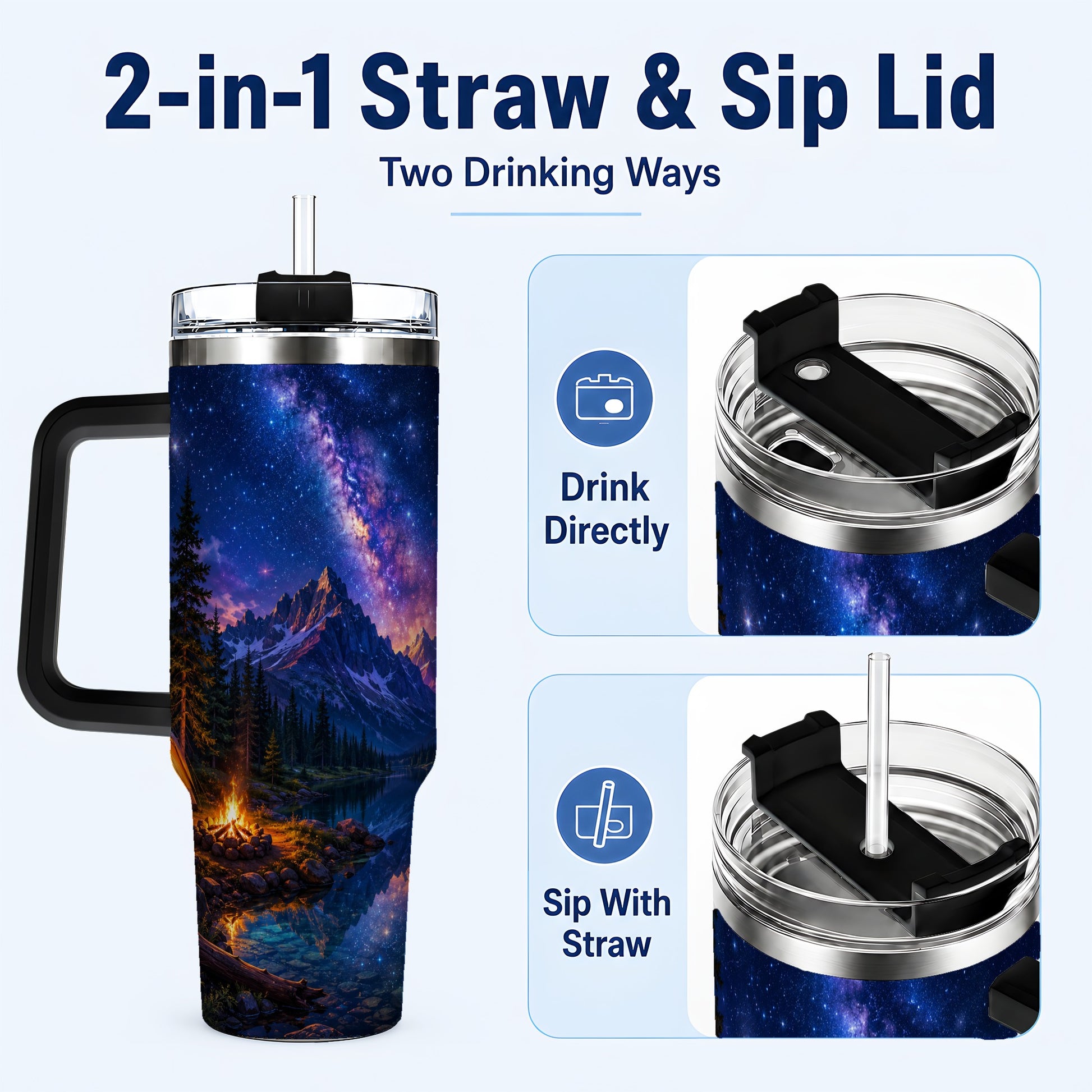 #pl[40oz|Black] Milky Way Camping 40oz Tumbler with Handle, Mountain Night Scene