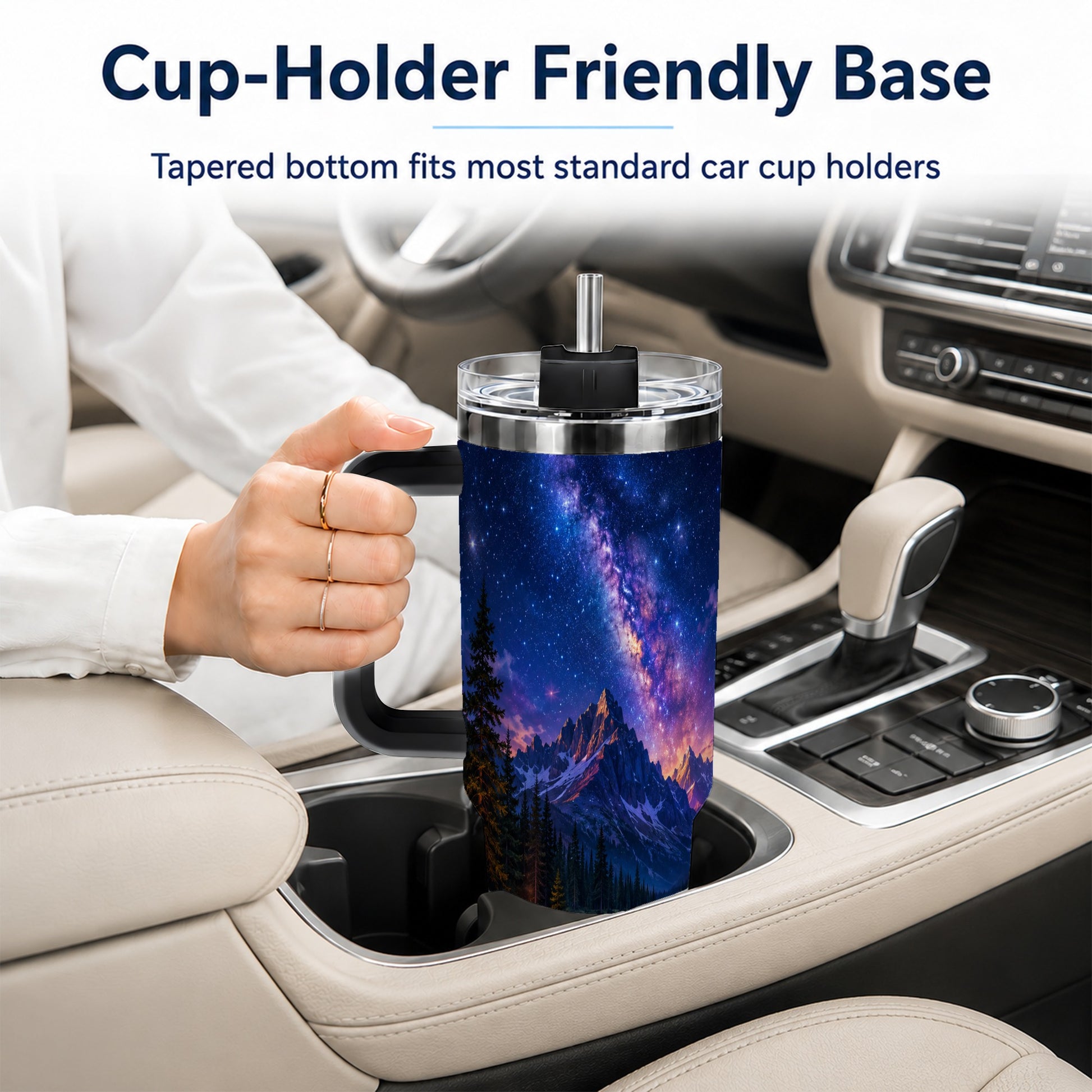 #pl[40oz|Black] Milky Way Camping 40oz Tumbler with Handle, Mountain Night Scene