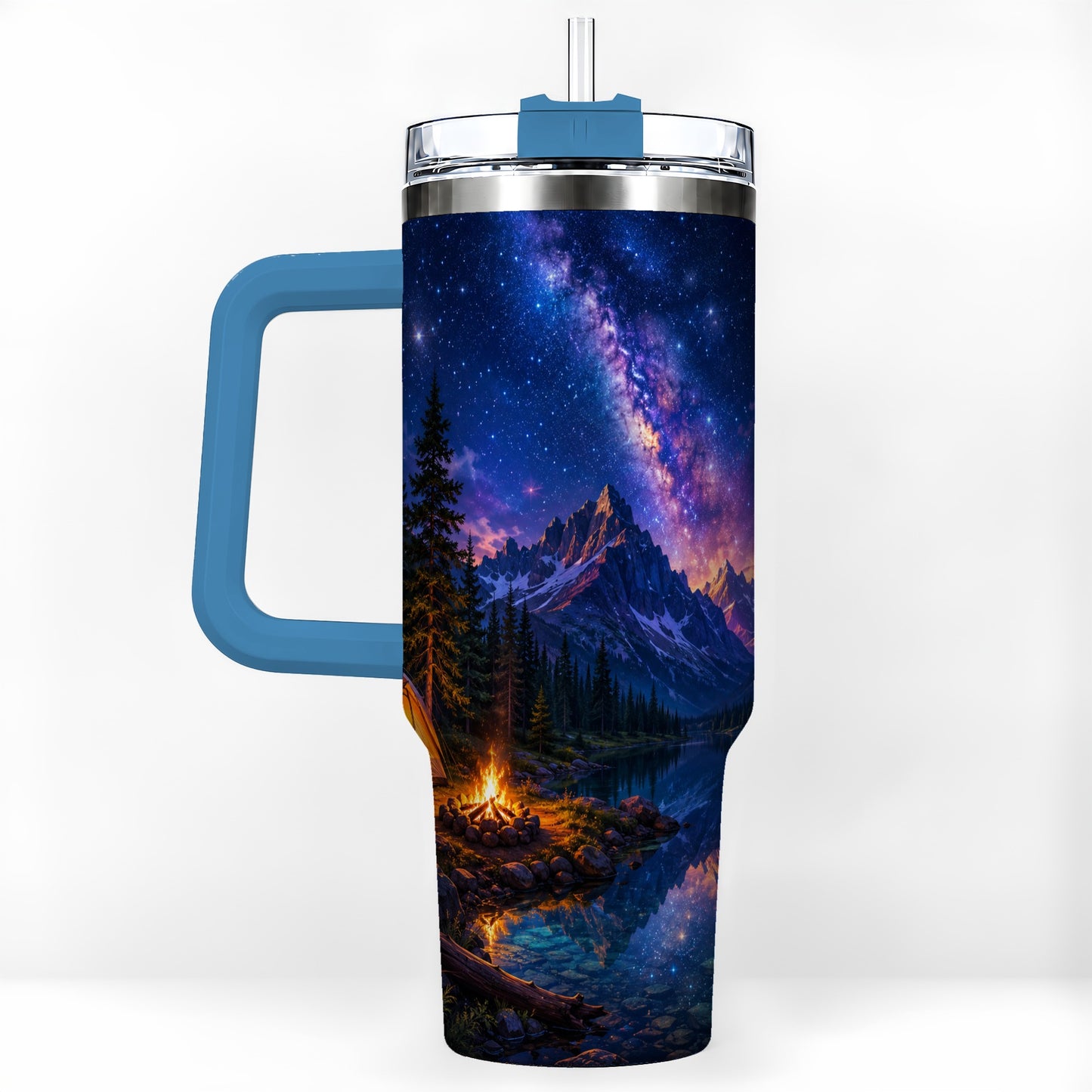 #pl[40oz|Blue] Milky Way Camping 40oz Tumbler with Handle, Mountain Night Scene