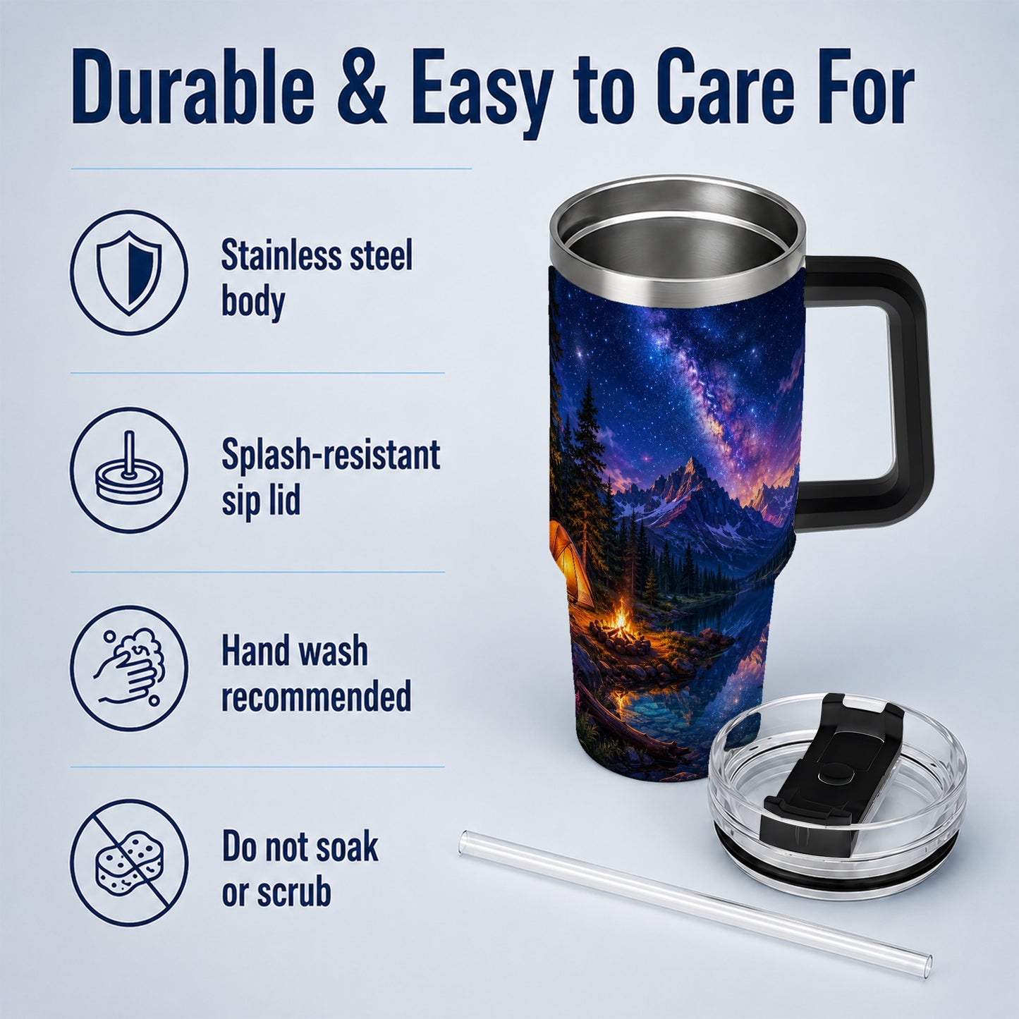 #pl[40oz|Black] Milky Way Camping 40oz Tumbler with Handle, Mountain Night Scene
