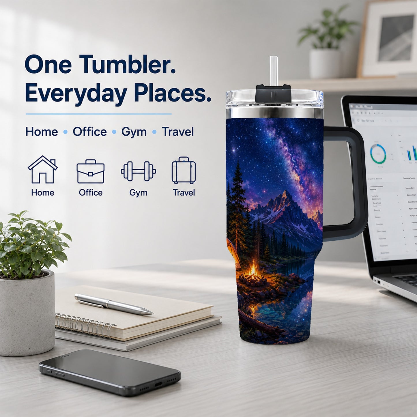 #pl[40oz|Black] Milky Way Camping 40oz Tumbler with Handle, Mountain Night Scene