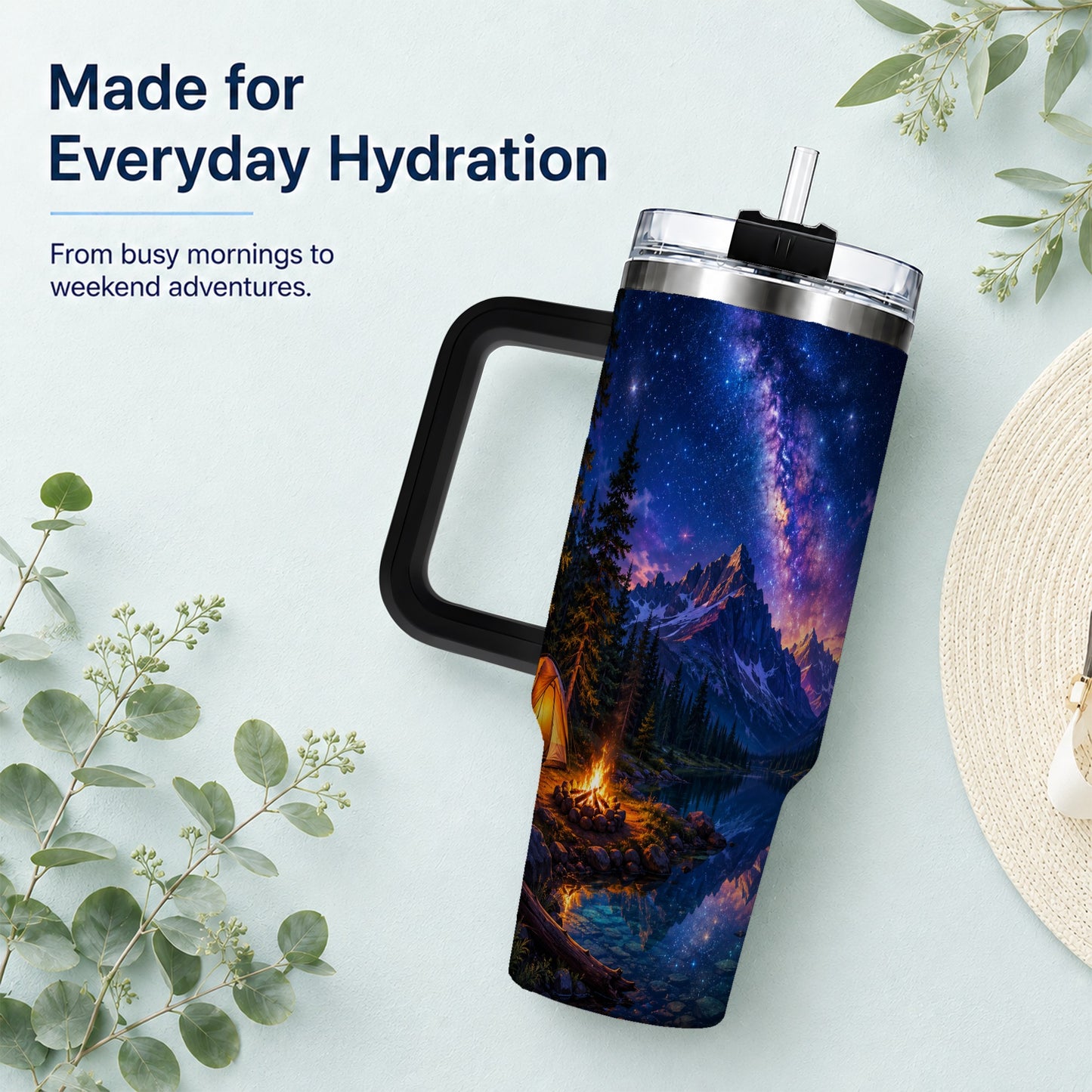 #pl[40oz|Black] Milky Way Camping 40oz Tumbler with Handle, Mountain Night Scene