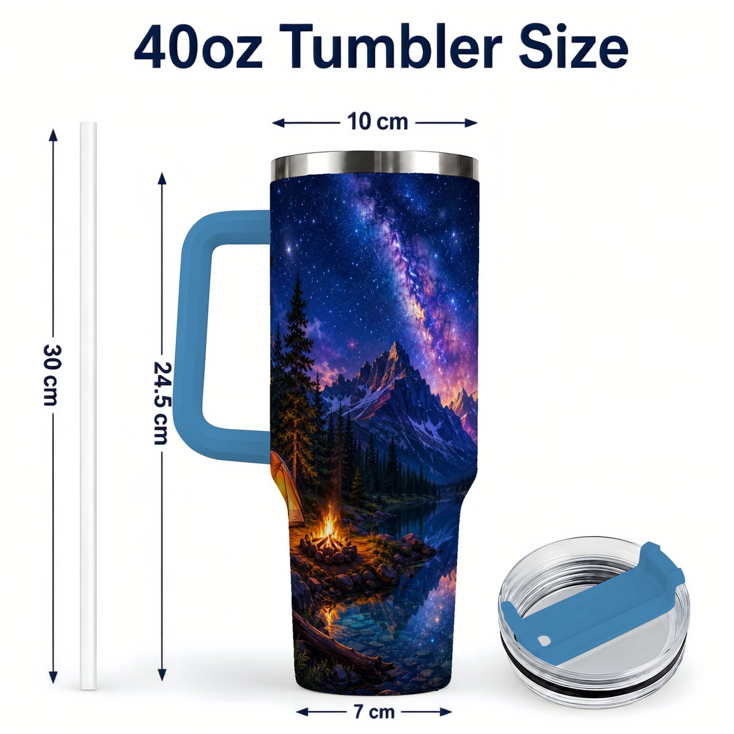 #pl[40oz|Blue] Milky Way Camping 40oz Tumbler with Handle, Mountain Night Scene