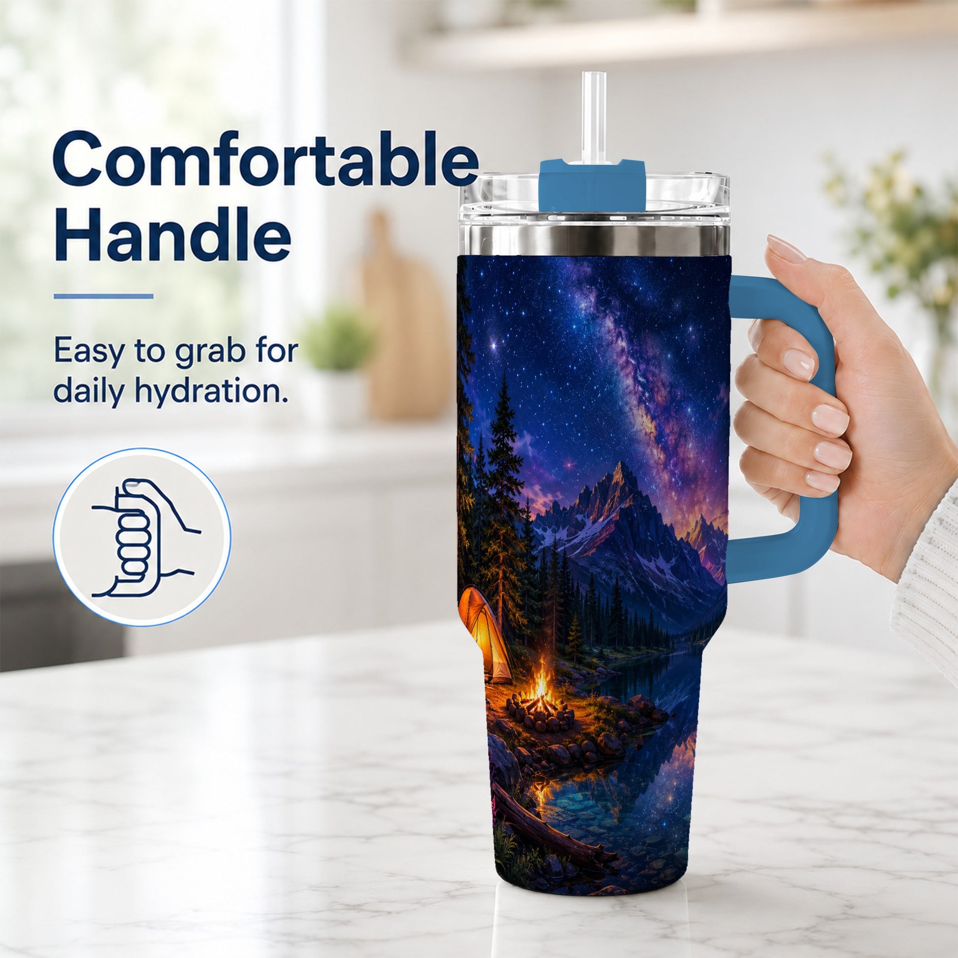 #pl[40oz|Blue] Milky Way Camping 40oz Tumbler with Handle, Mountain Night Scene