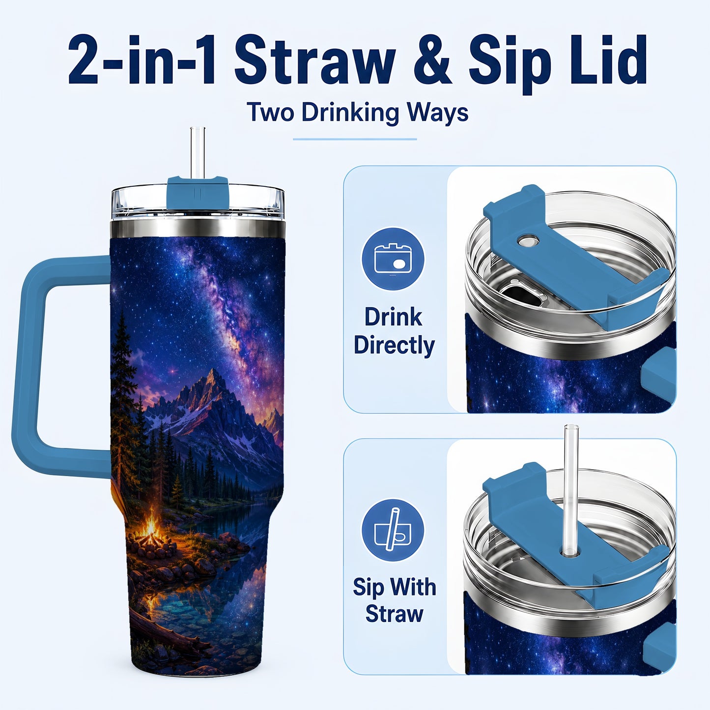 #pl[40oz|Blue] Milky Way Camping 40oz Tumbler with Handle, Mountain Night Scene