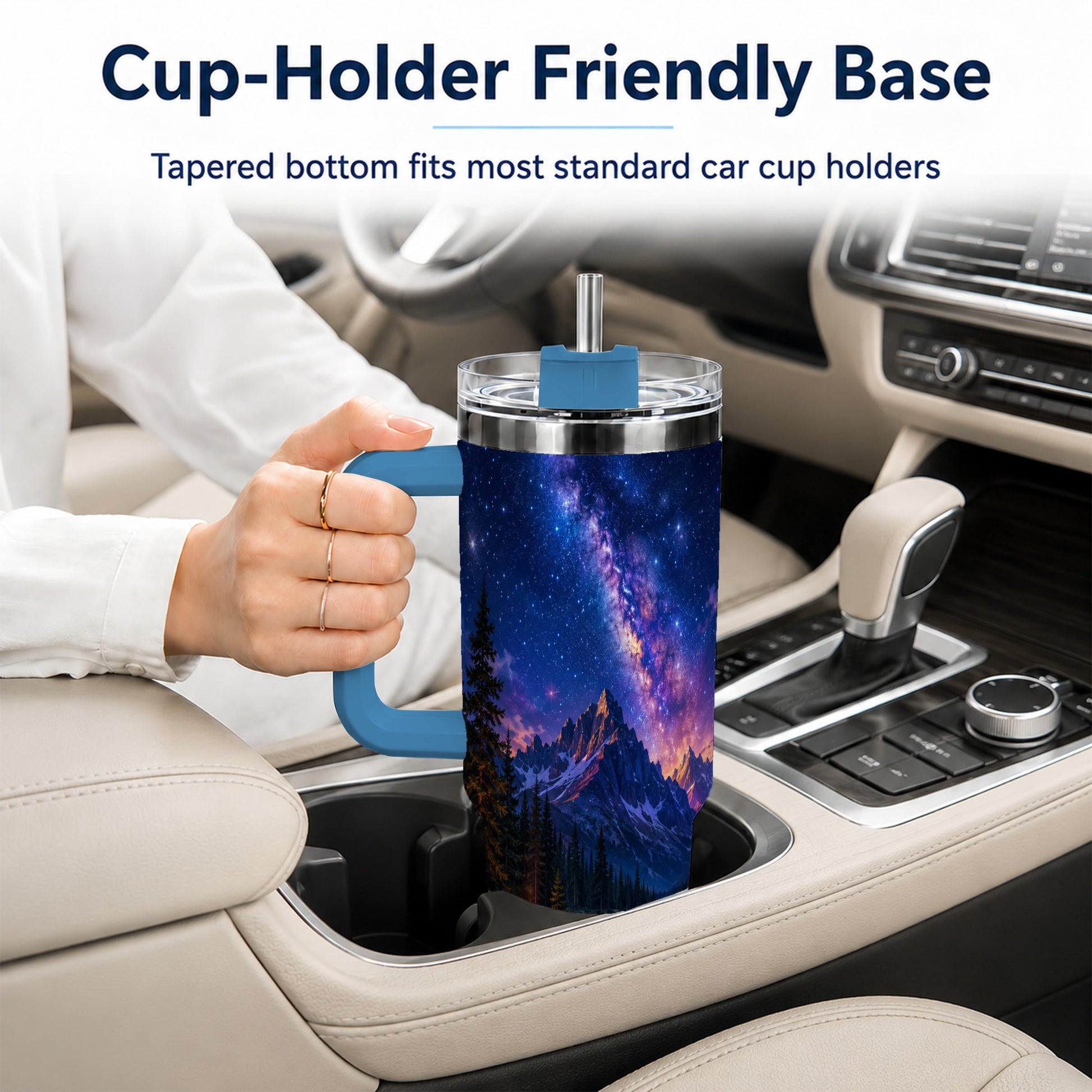 #pl[40oz|Blue] Milky Way Camping 40oz Tumbler with Handle, Mountain Night Scene