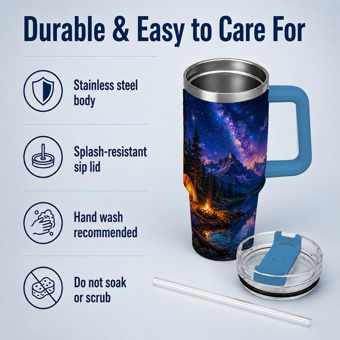 #pl[40oz|Blue] Milky Way Camping 40oz Tumbler with Handle, Mountain Night Scene