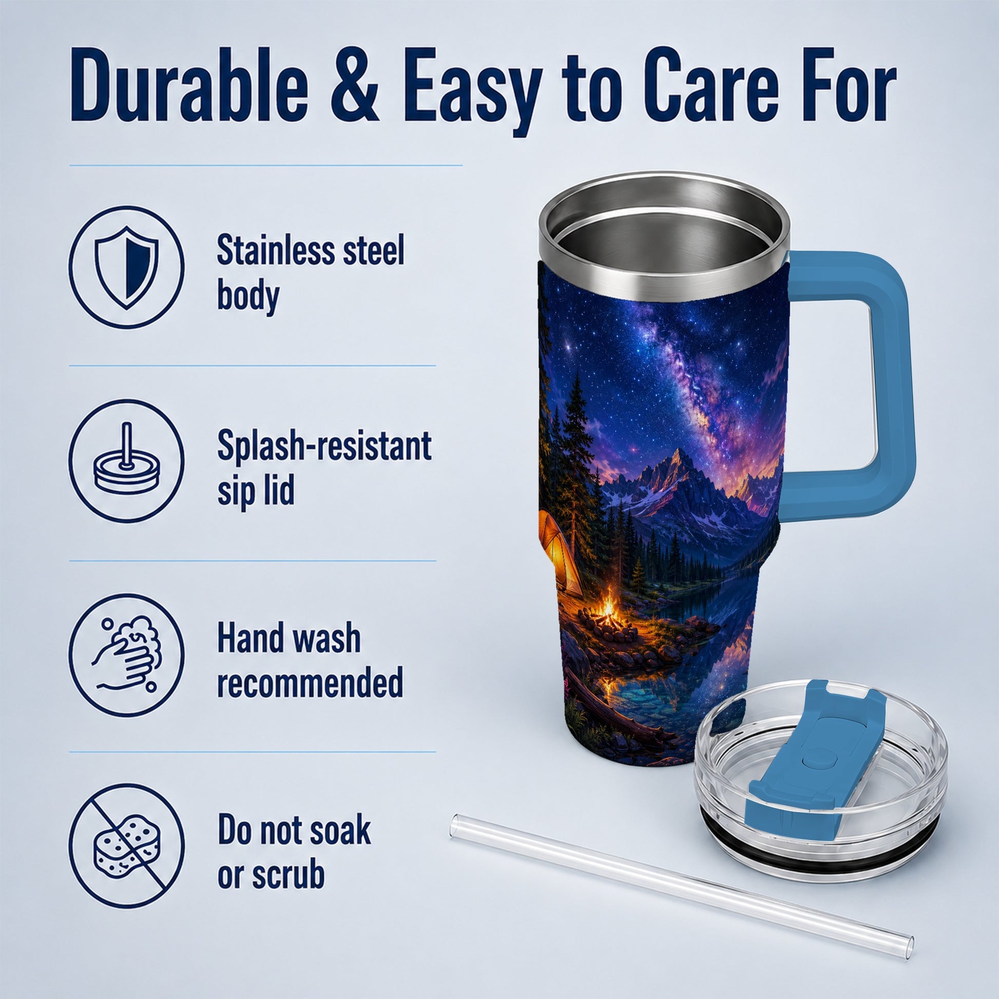 #pl[40oz|Blue] Milky Way Camping 40oz Tumbler with Handle, Mountain Night Scene