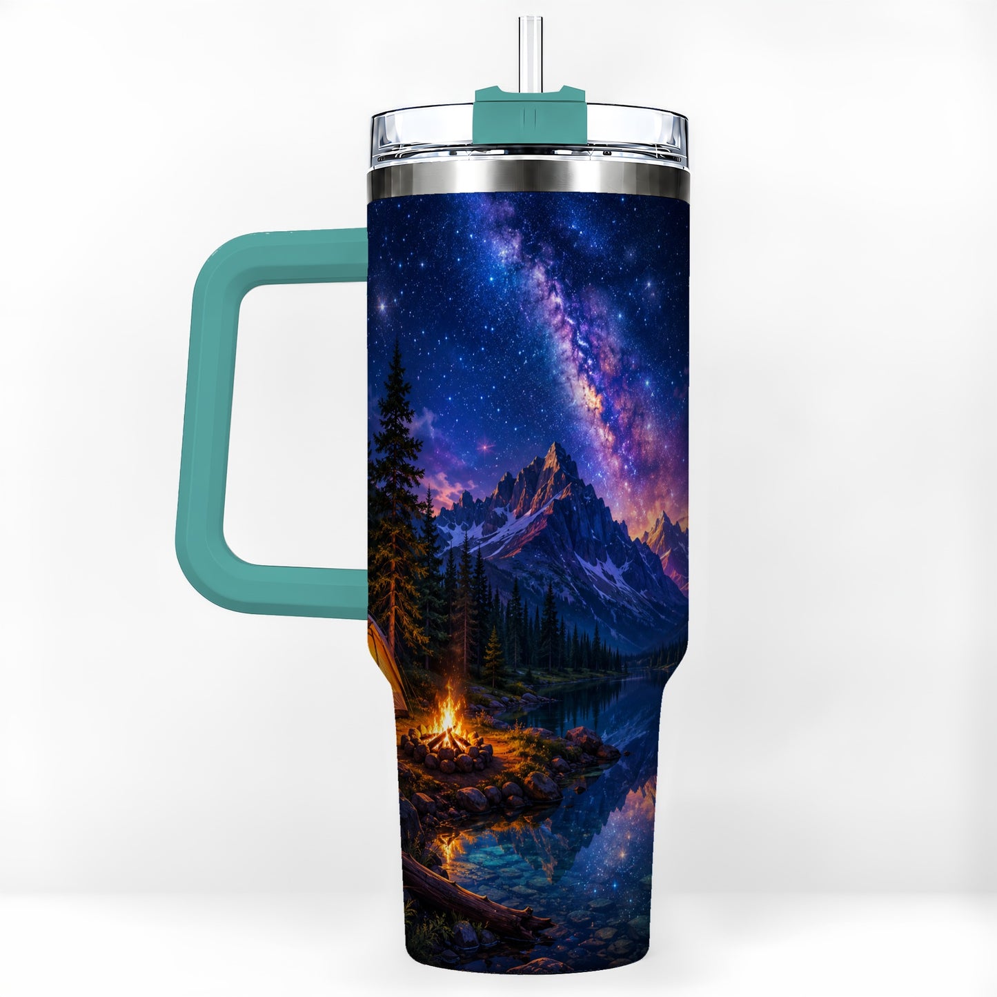#pl[40oz|Green] Milky Way Camping 40oz Tumbler with Handle, Mountain Night Scene