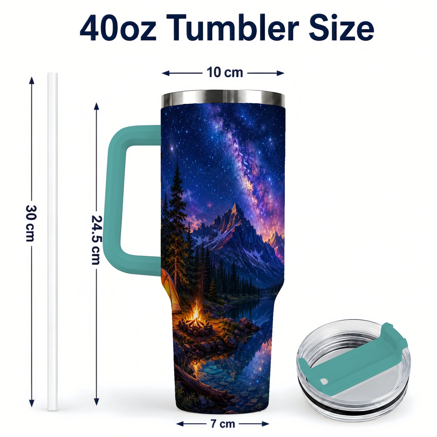 #pl[40oz|Green] Milky Way Camping 40oz Tumbler with Handle, Mountain Night Scene