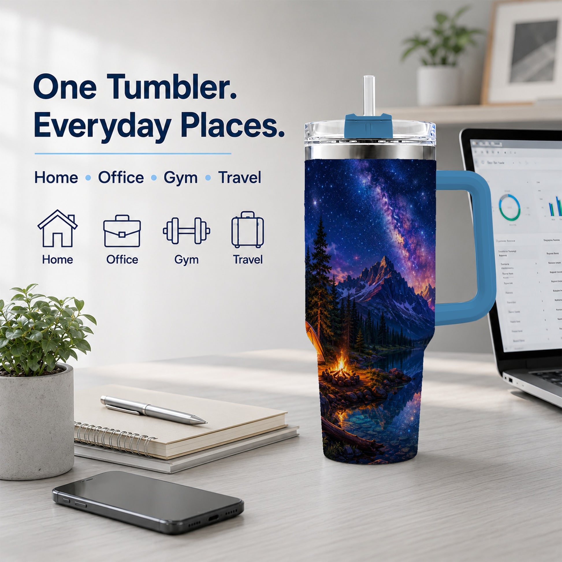 #pl[40oz|Blue] Milky Way Camping 40oz Tumbler with Handle, Mountain Night Scene