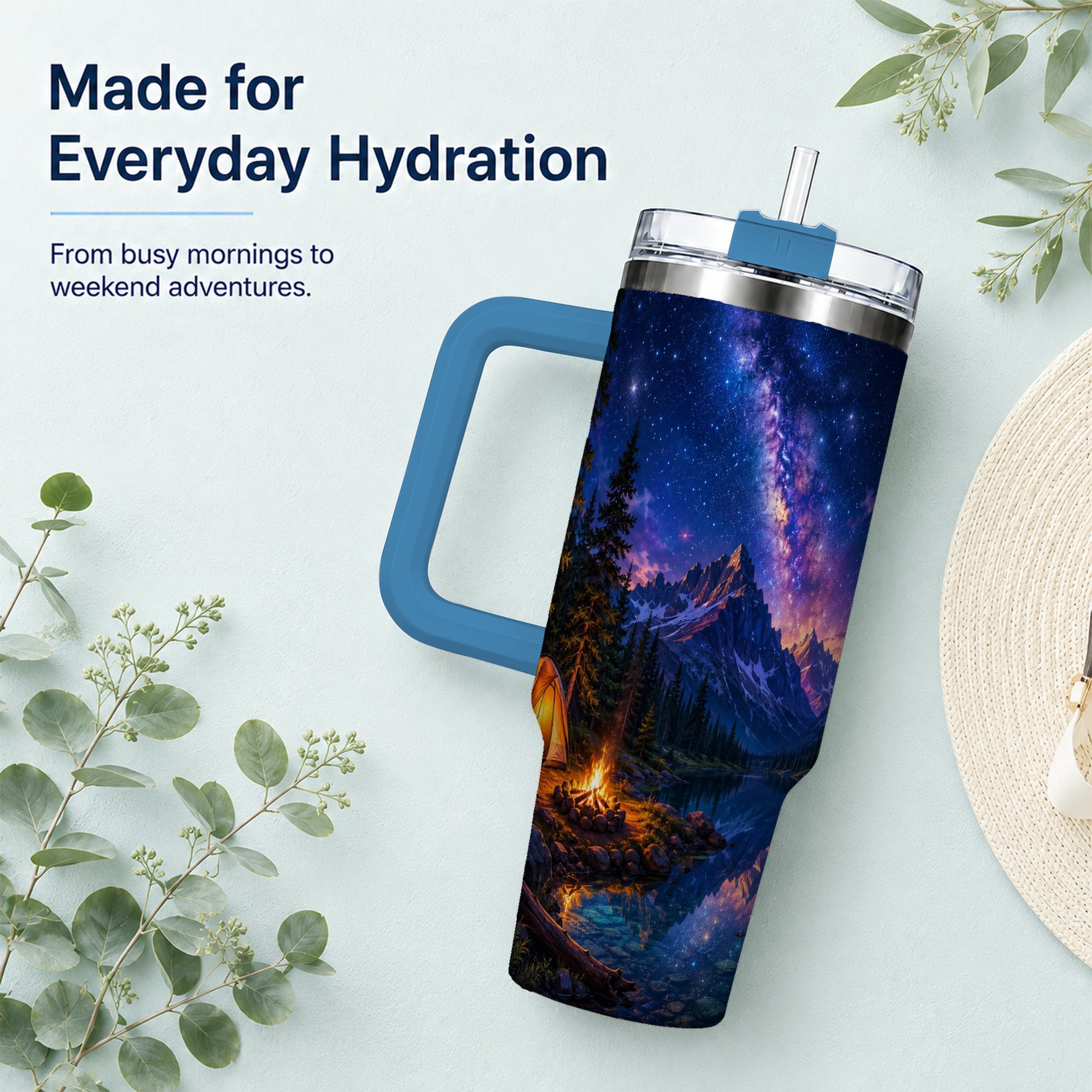 #pl[40oz|Blue] Milky Way Camping 40oz Tumbler with Handle, Mountain Night Scene