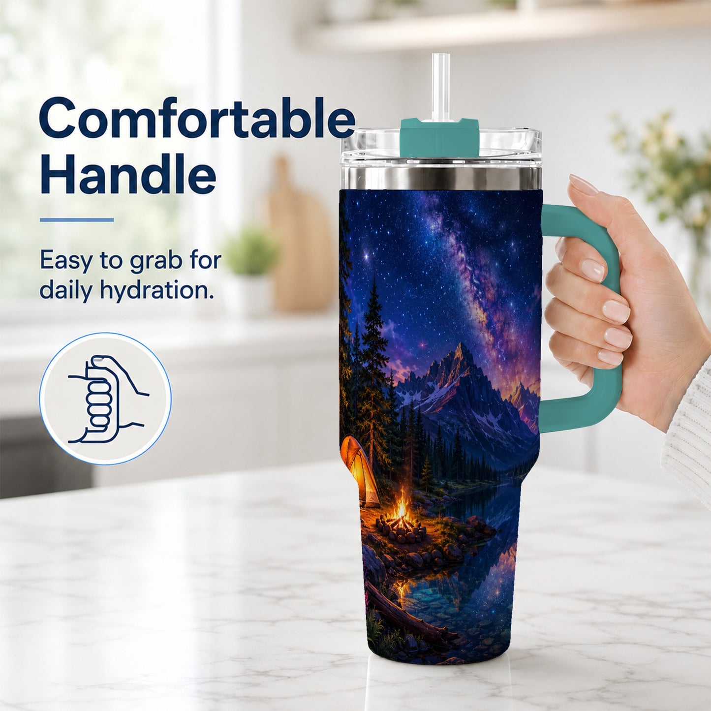 #pl[40oz|Green] Milky Way Camping 40oz Tumbler with Handle, Mountain Night Scene