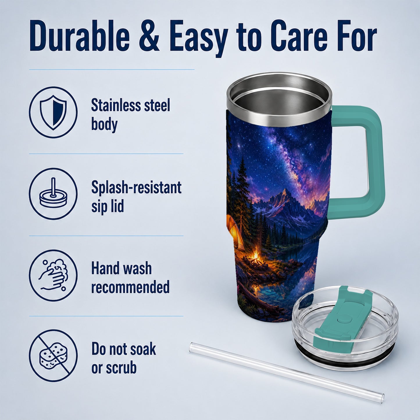 #pl[40oz|Green] Milky Way Camping 40oz Tumbler with Handle, Mountain Night Scene