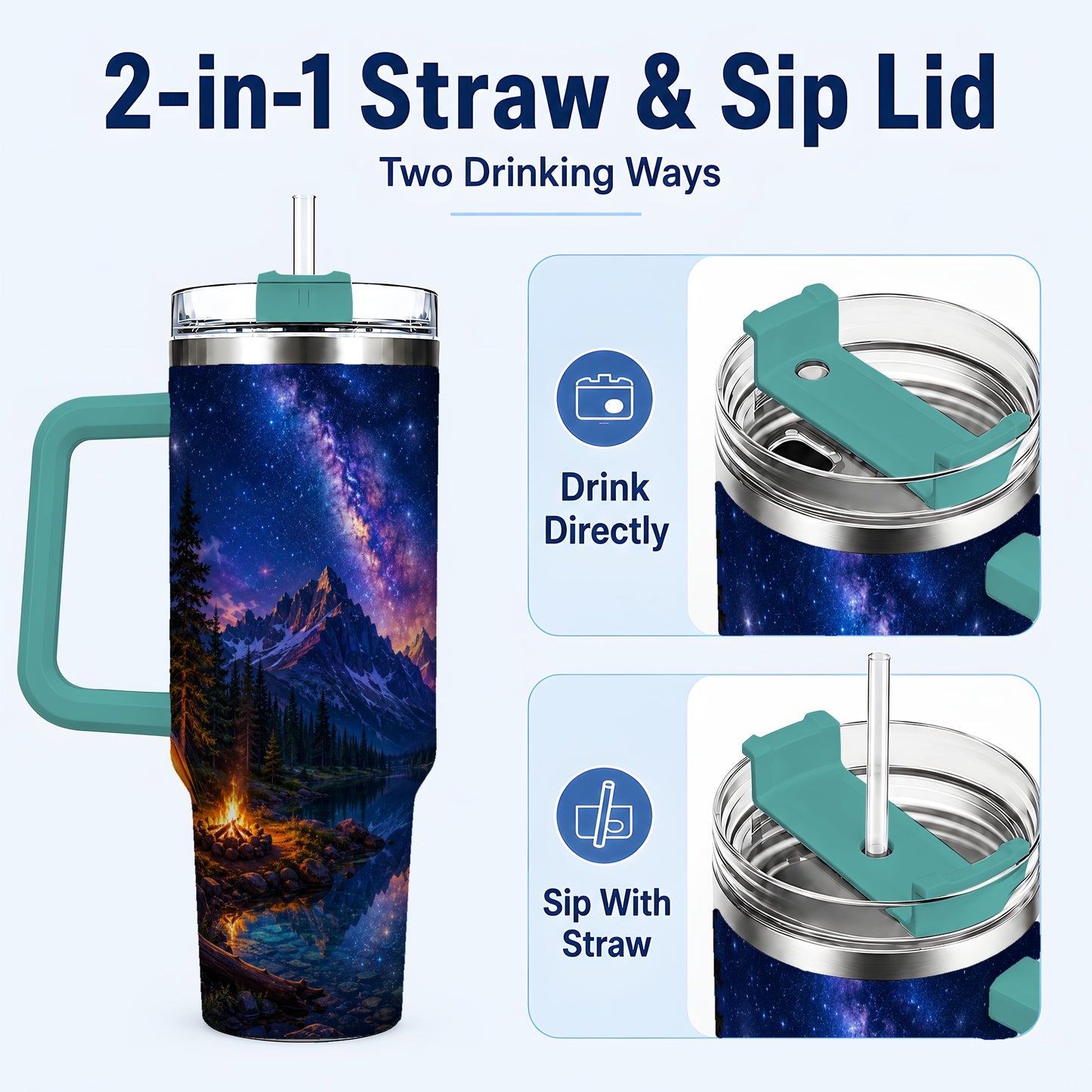 #pl[40oz|Green] Milky Way Camping 40oz Tumbler with Handle, Mountain Night Scene