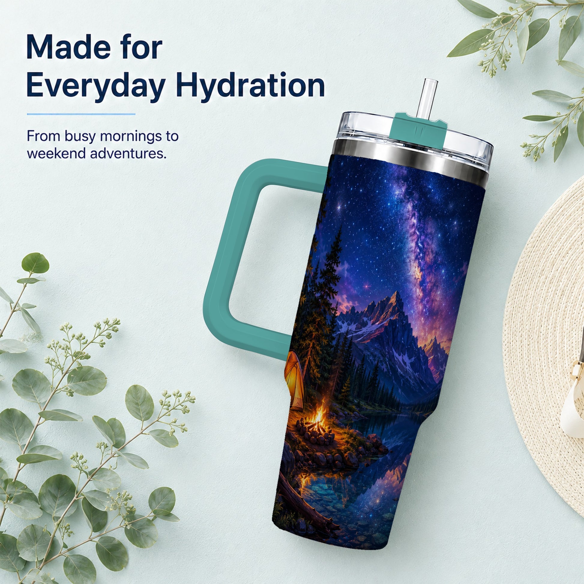 #pl[40oz|Green] Milky Way Camping 40oz Tumbler with Handle, Mountain Night Scene