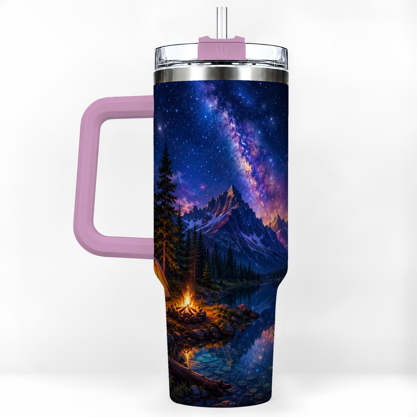 #pl[40oz|Pink] Milky Way Camping 40oz Tumbler with Handle, Mountain Night Scene