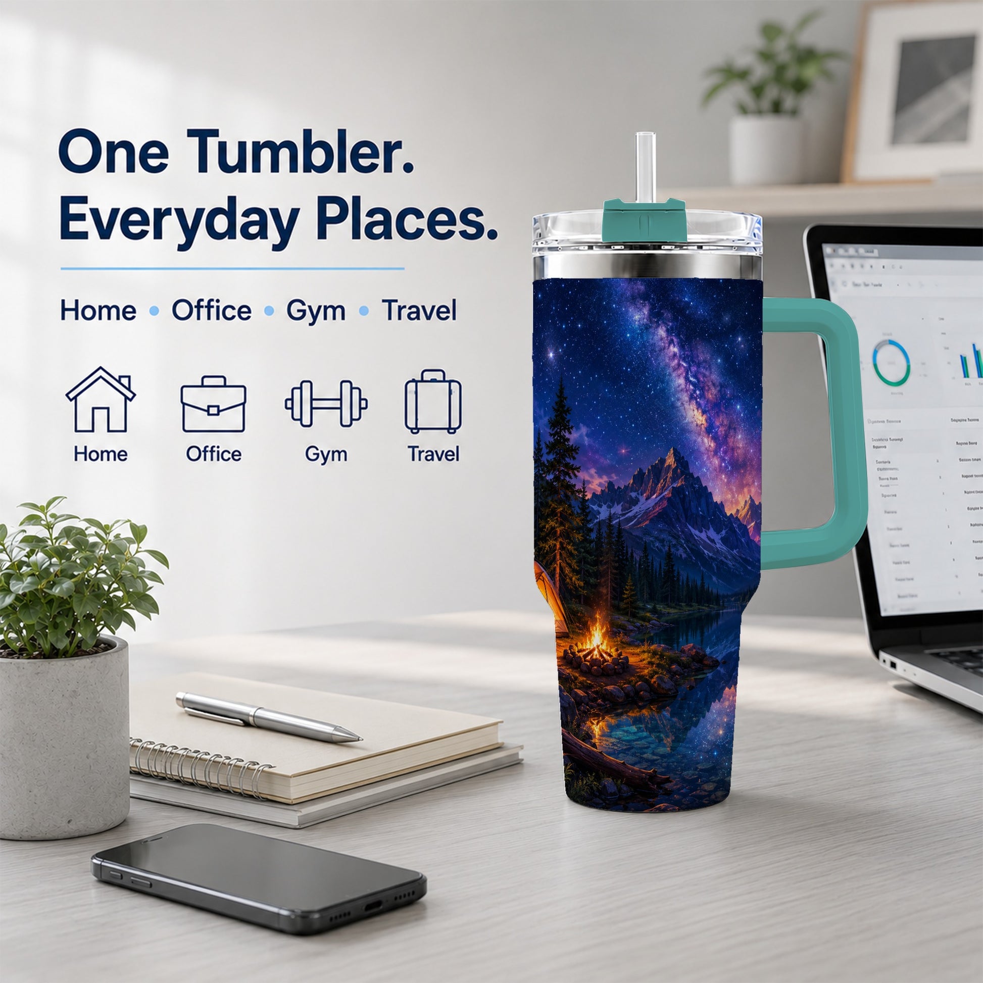 #pl[40oz|Green] Milky Way Camping 40oz Tumbler with Handle, Mountain Night Scene