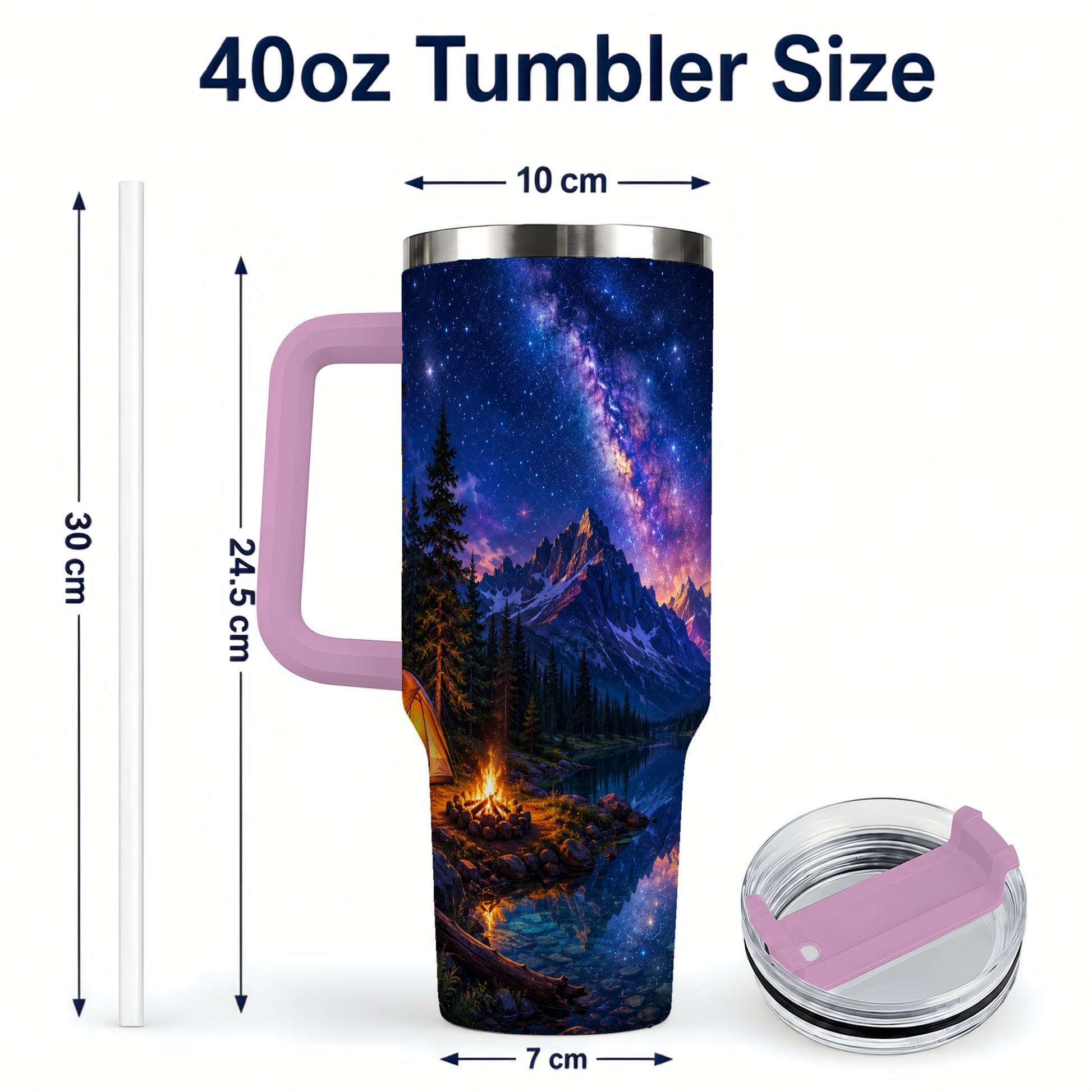 #pl[40oz|Pink] Milky Way Camping 40oz Tumbler with Handle, Mountain Night Scene