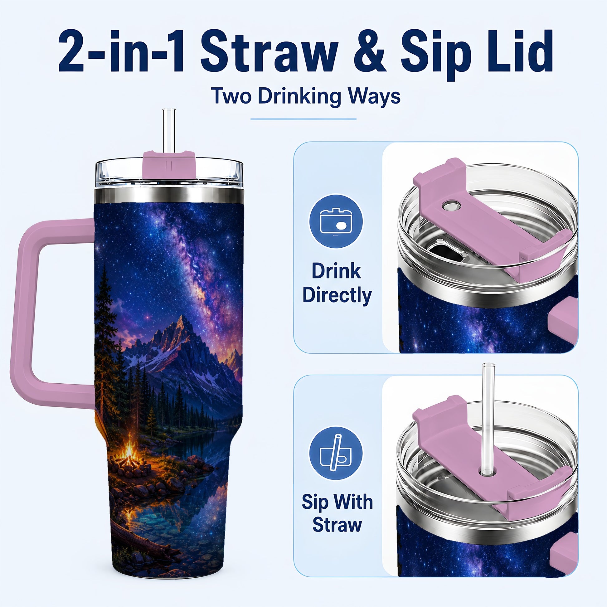 #pl[40oz|Pink] Milky Way Camping 40oz Tumbler with Handle, Mountain Night Scene