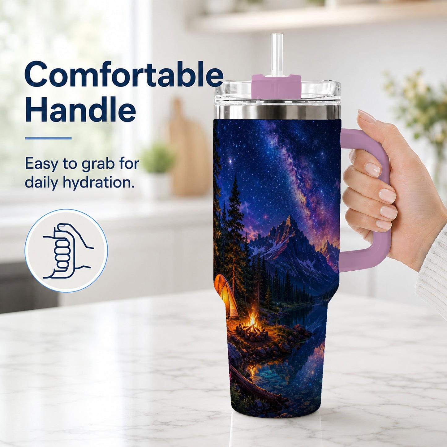 #pl[40oz|Pink] Milky Way Camping 40oz Tumbler with Handle, Mountain Night Scene