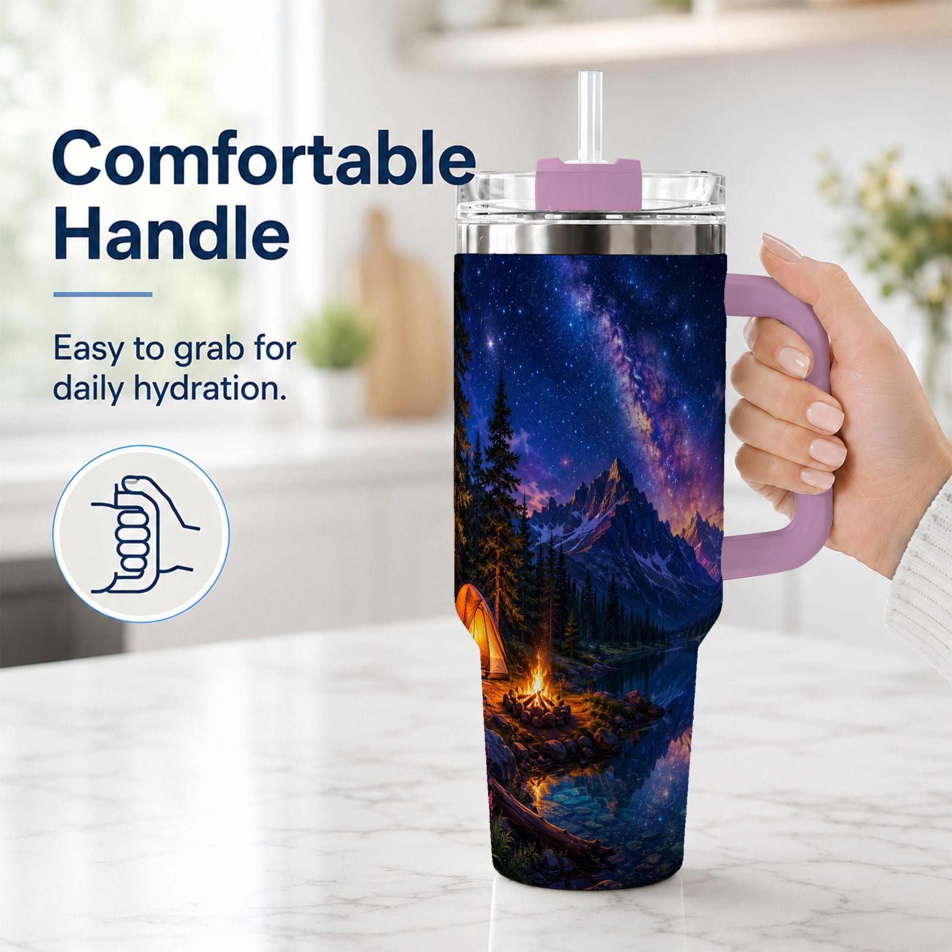 #pl[40oz|Pink] Milky Way Camping 40oz Tumbler with Handle, Mountain Night Scene