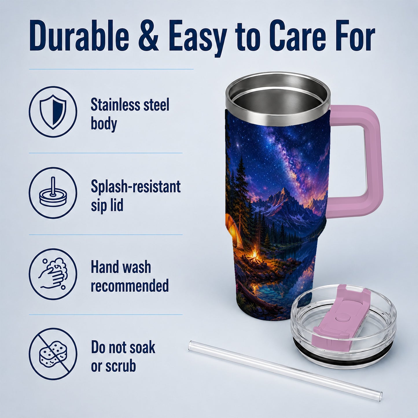 #pl[40oz|Pink] Milky Way Camping 40oz Tumbler with Handle, Mountain Night Scene