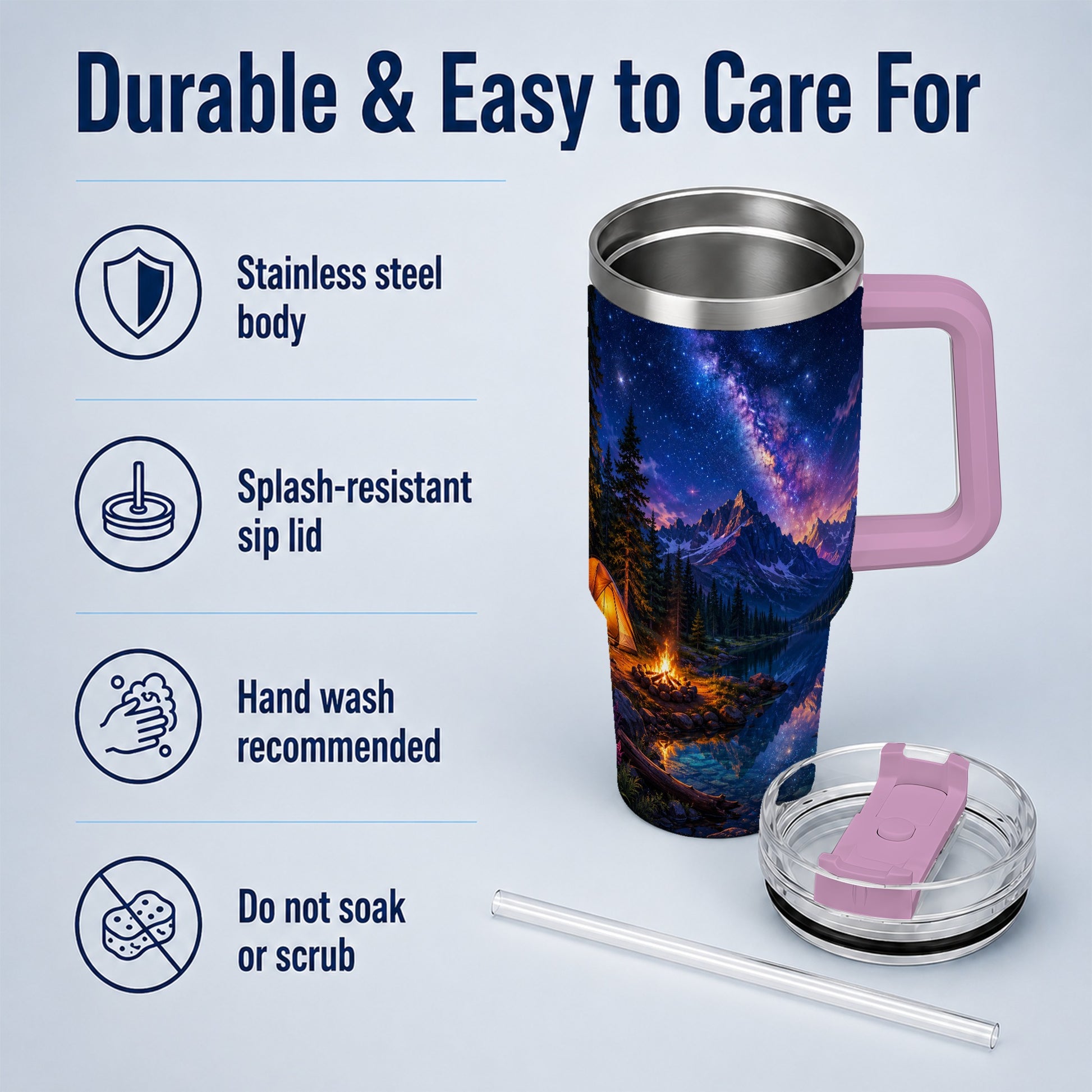 #pl[40oz|Pink] Milky Way Camping 40oz Tumbler with Handle, Mountain Night Scene