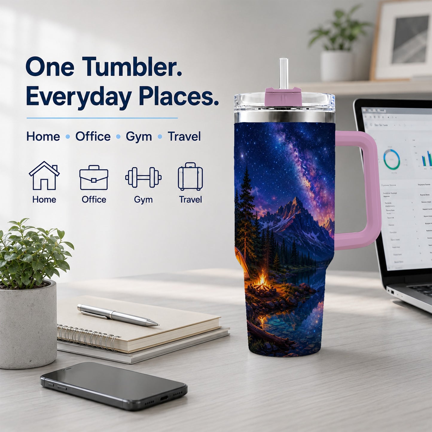 #pl[40oz|Pink] Milky Way Camping 40oz Tumbler with Handle, Mountain Night Scene
