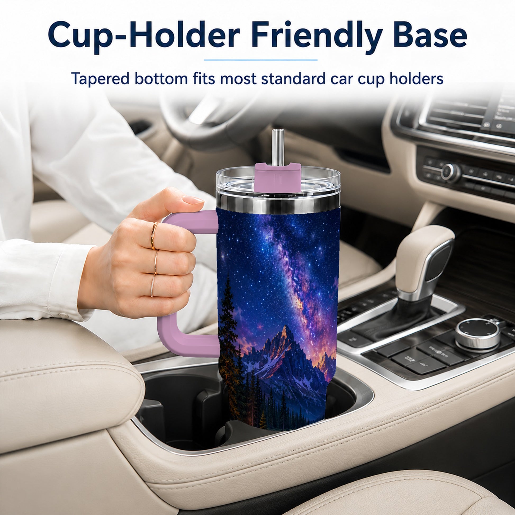 #pl[40oz|Pink] Milky Way Camping 40oz Tumbler with Handle, Mountain Night Scene