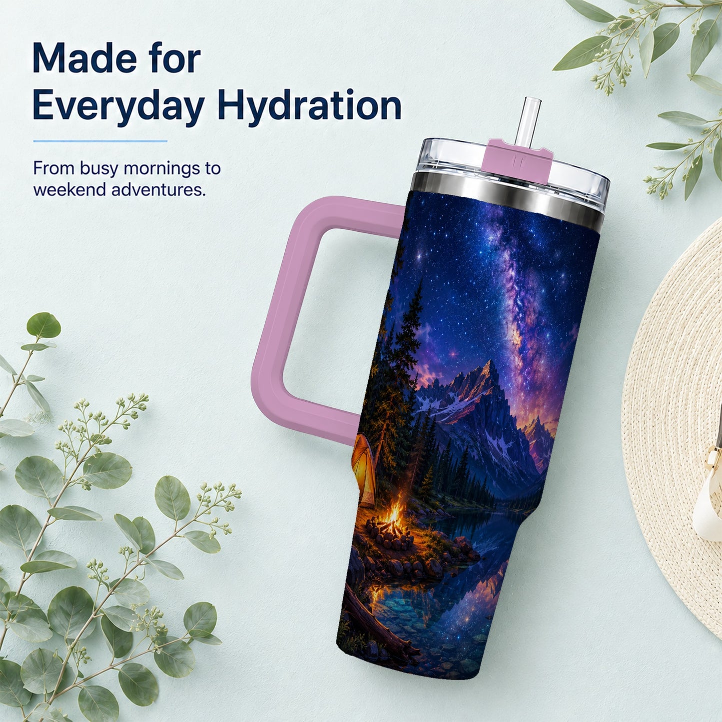 #pl[40oz|Pink] Milky Way Camping 40oz Tumbler with Handle, Mountain Night Scene
