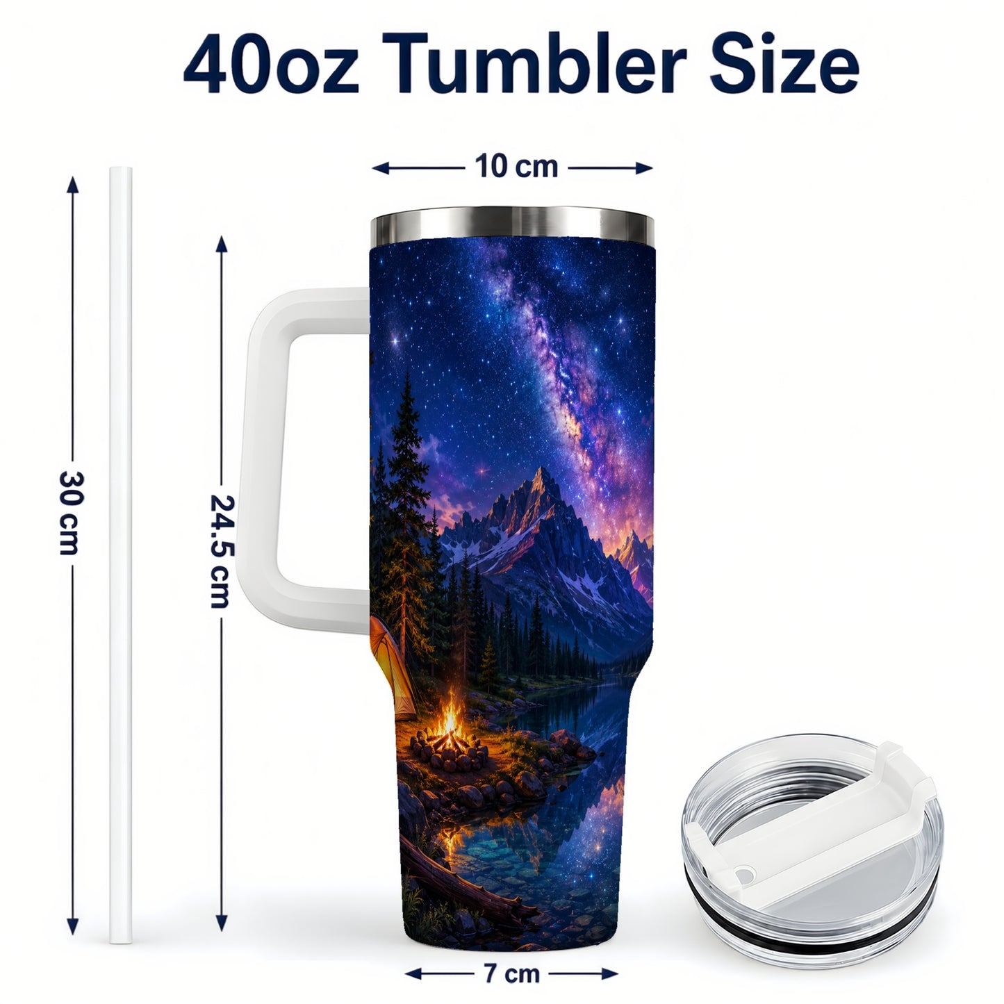 #pl[40oz|White] Milky Way Camping 40oz Tumbler with Handle, Mountain Night Scene