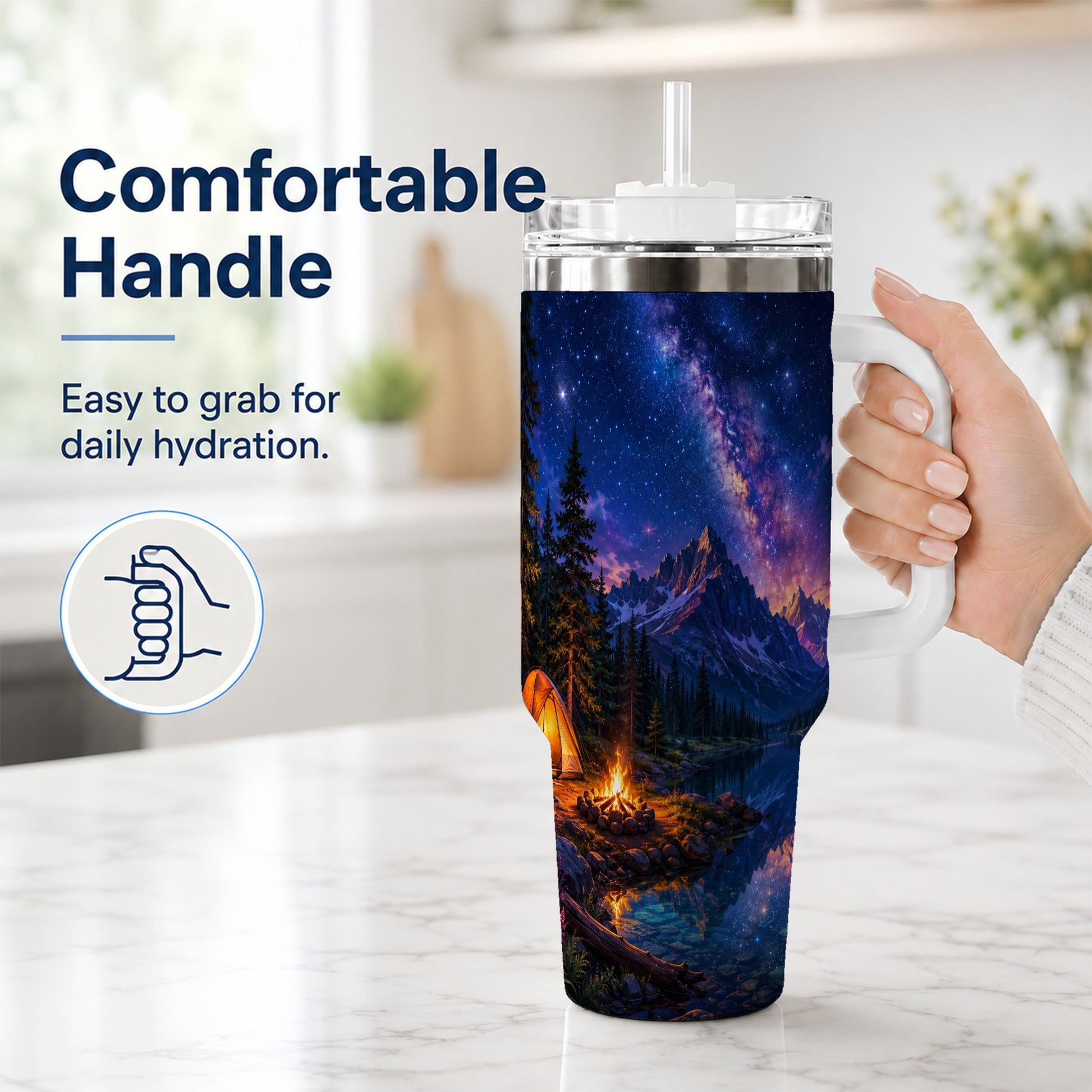 #pl[40oz|White] Milky Way Camping 40oz Tumbler with Handle, Mountain Night Scene