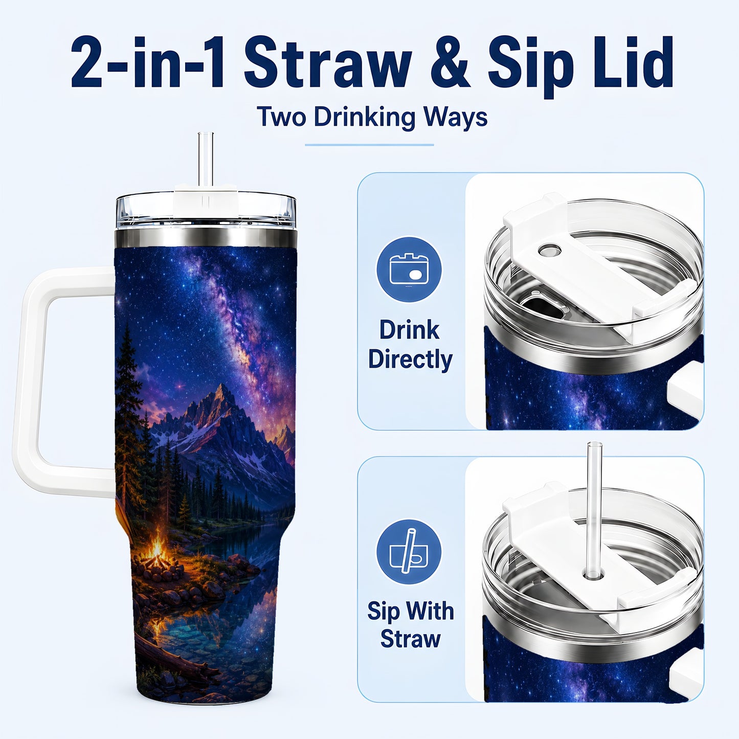 #pl[40oz|White] Milky Way Camping 40oz Tumbler with Handle, Mountain Night Scene