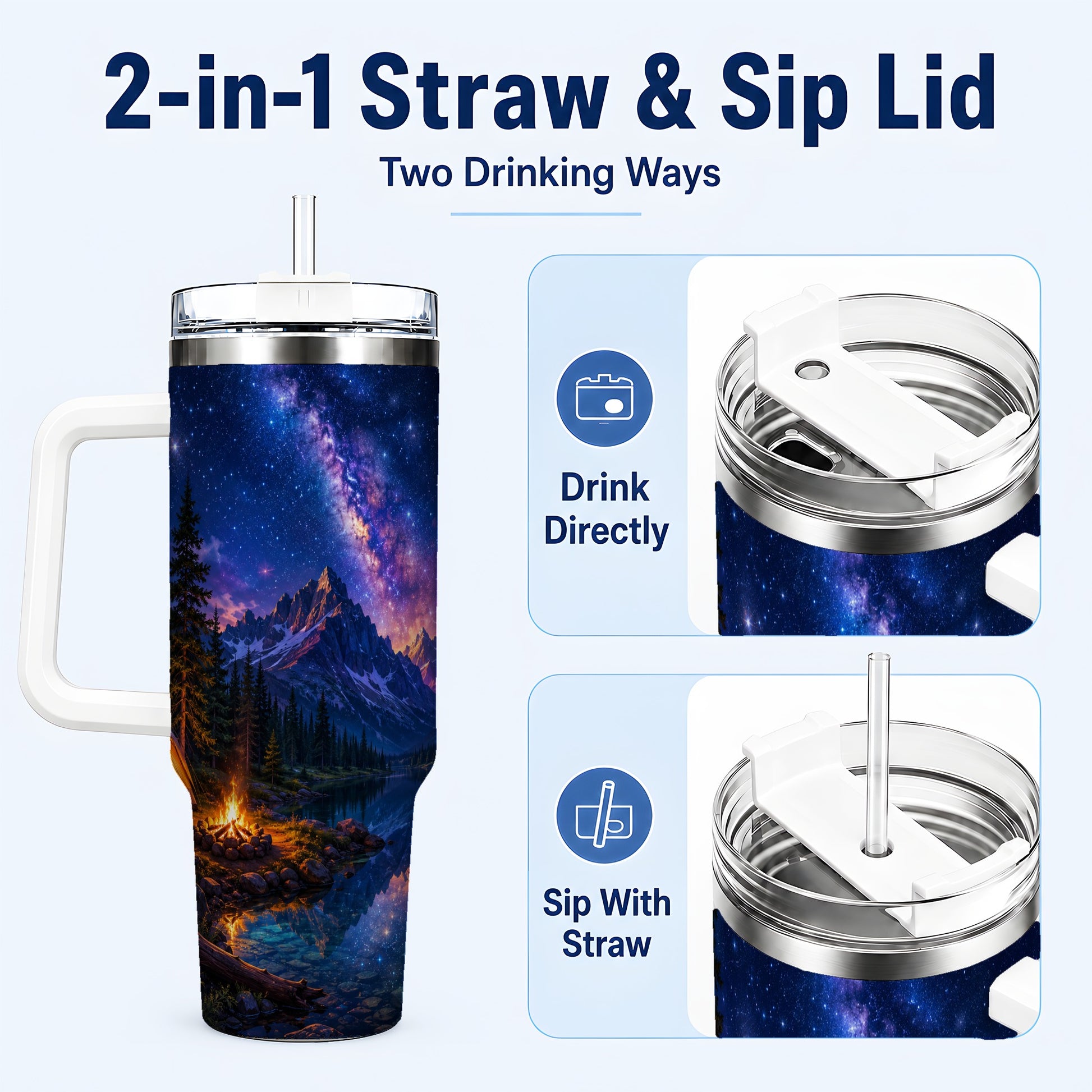 #pl[40oz|White] Milky Way Camping 40oz Tumbler with Handle, Mountain Night Scene