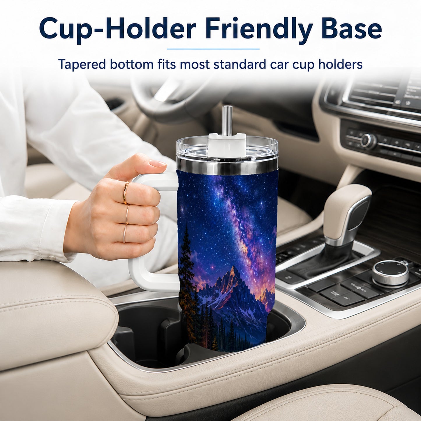 #pl[40oz|White] Milky Way Camping 40oz Tumbler with Handle, Mountain Night Scene