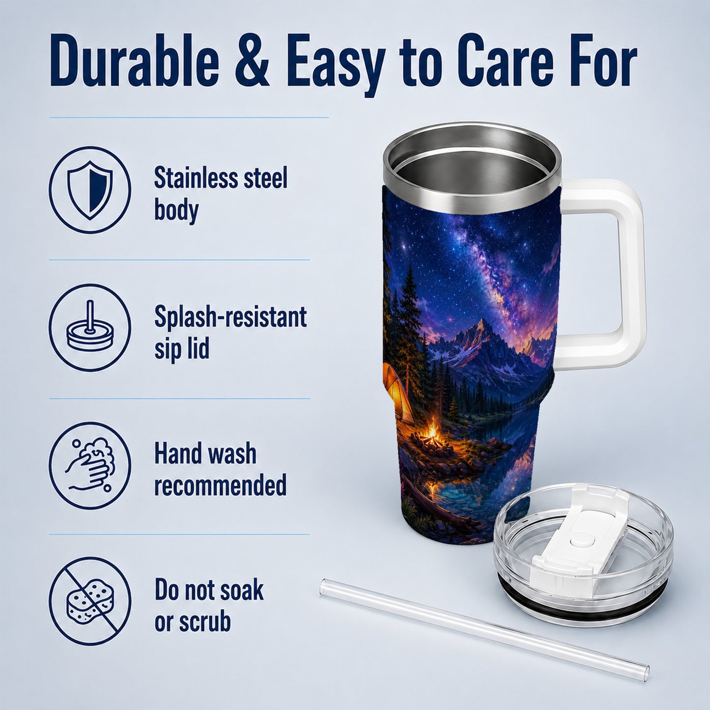 #pl[40oz|White] Milky Way Camping 40oz Tumbler with Handle, Mountain Night Scene