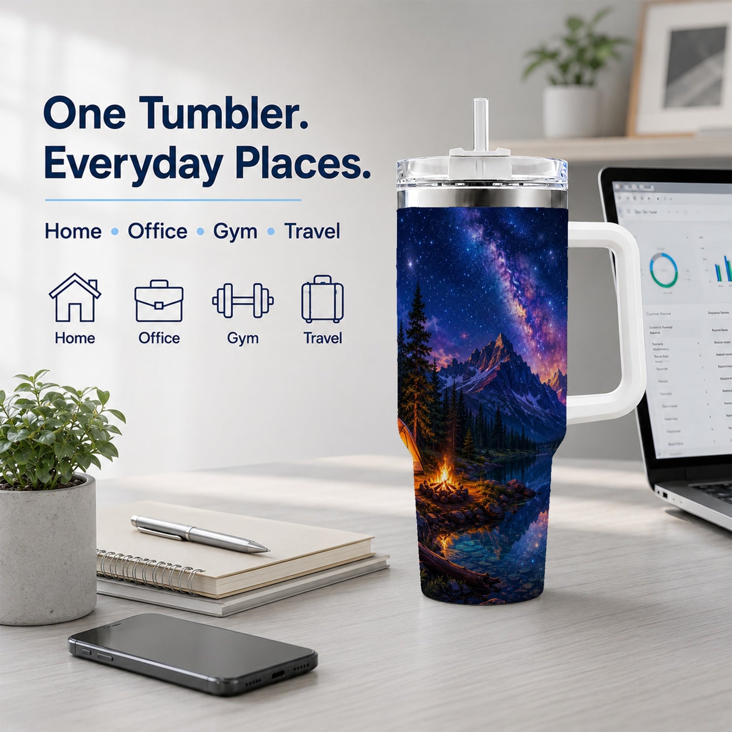 #pl[40oz|White] Milky Way Camping 40oz Tumbler with Handle, Mountain Night Scene