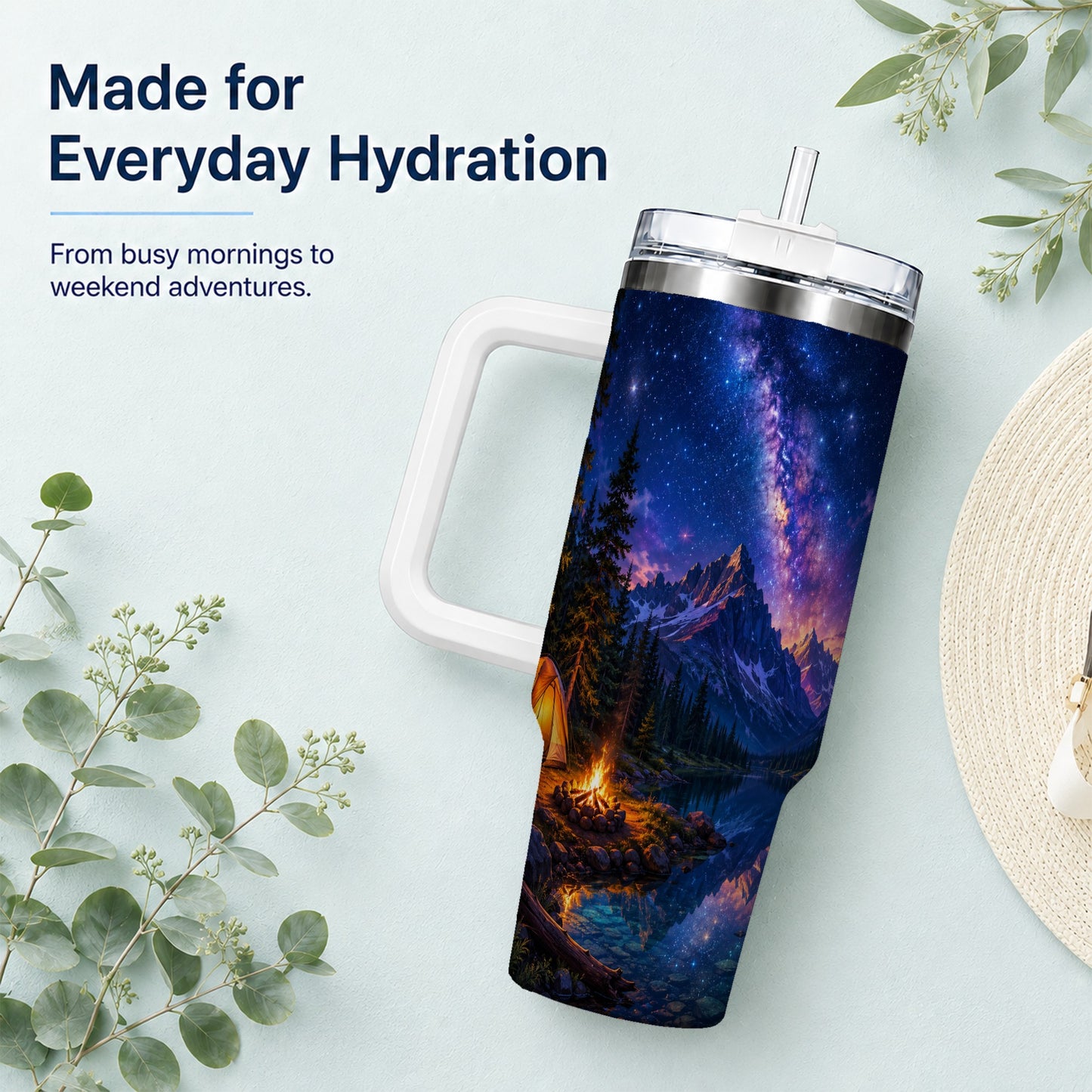 #pl[40oz|White] Milky Way Camping 40oz Tumbler with Handle, Mountain Night Scene