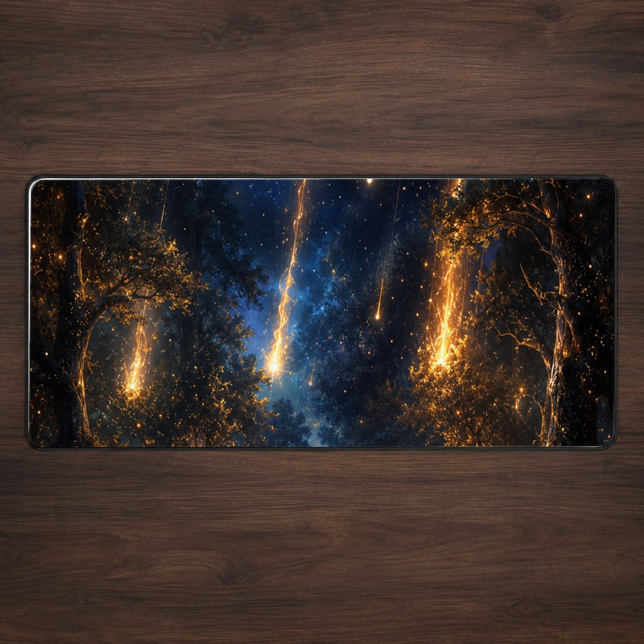 Meteor Shower Forest Desk Mat 31.5x11.8 Inch, Celestial Night Art