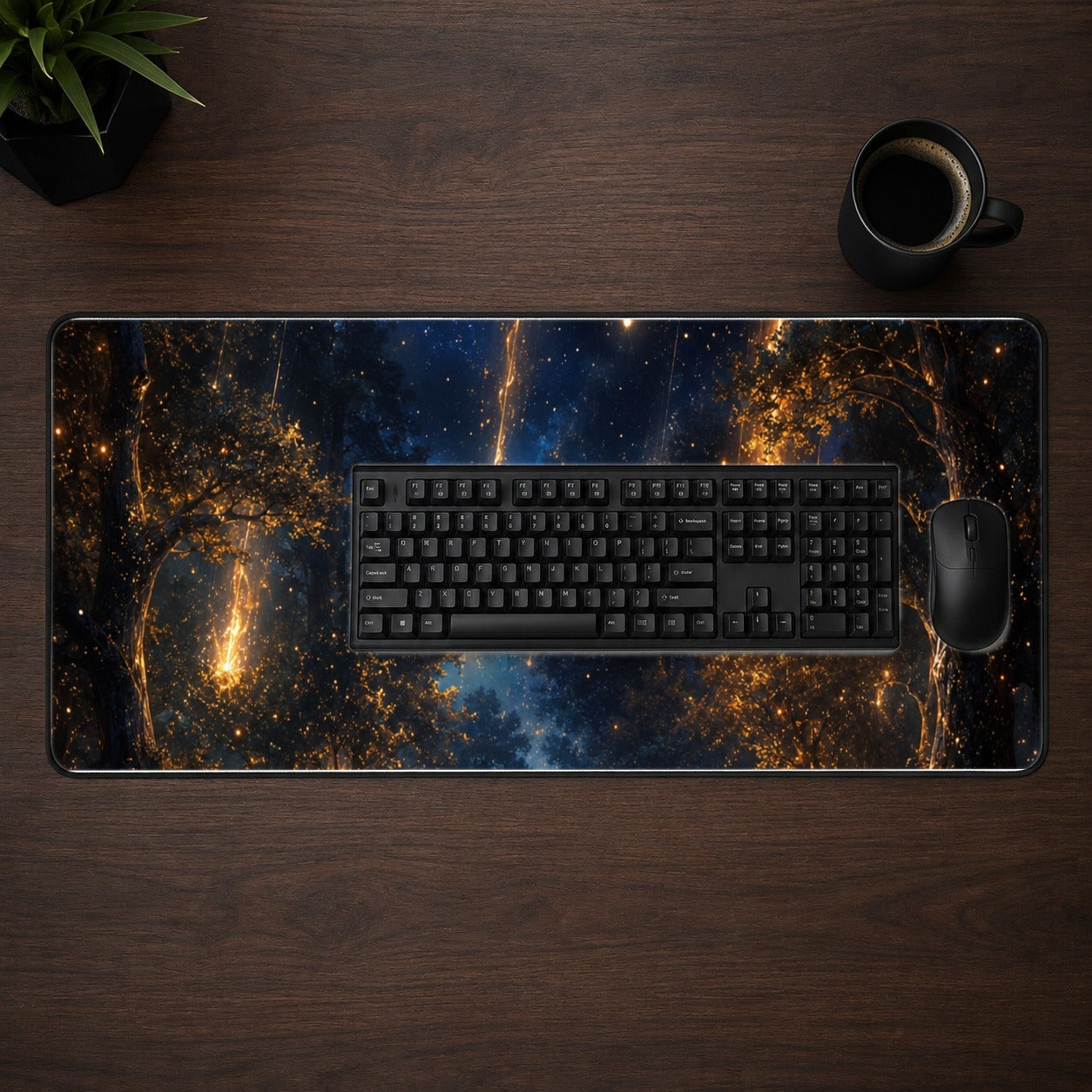 #pl[31.5x11.8 Inch (80x30cm)|Multicolor] Meteor Shower Forest Desk Mat 31.5x11.8 Inch, Celestial Night Art
