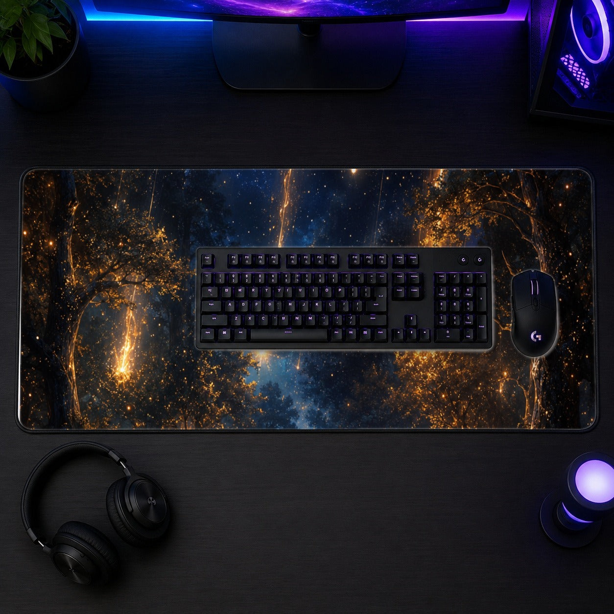 #pl[31.5x11.8 Inch (80x30cm)|Multicolor] Meteor Shower Forest Desk Mat 31.5x11.8 Inch, Celestial Night Art