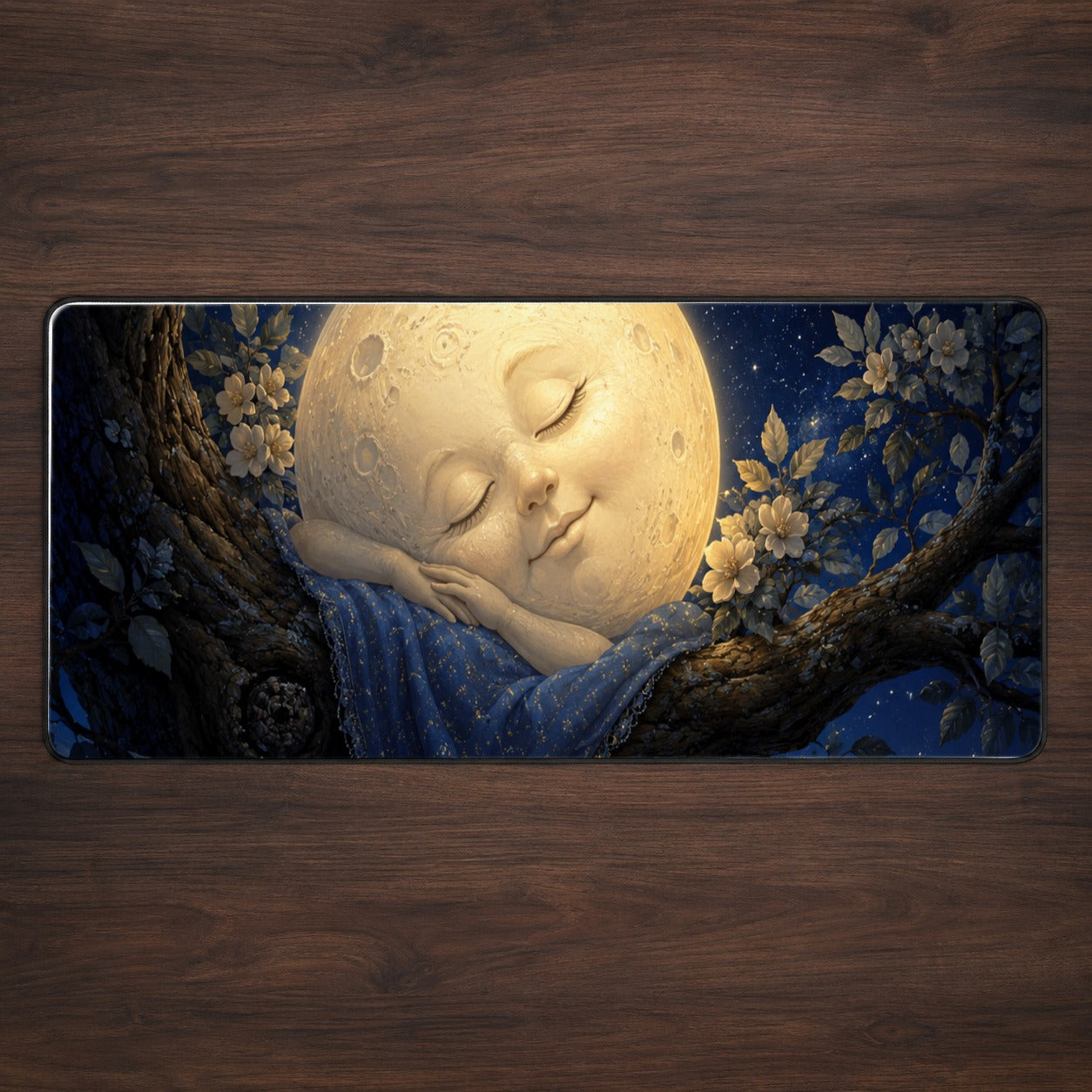 Sleeping Moon Desk Mat 31.5x11.8 Inch, Dreamy Celestial Art