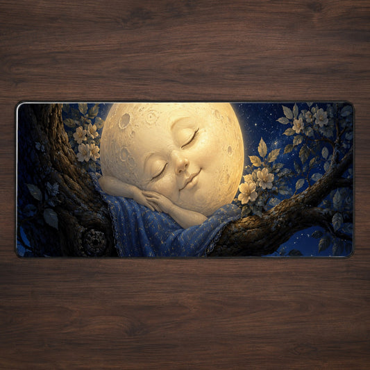 Sleeping Moon Desk Mat 31.5x11.8 Inch, Dreamy Celestial Art