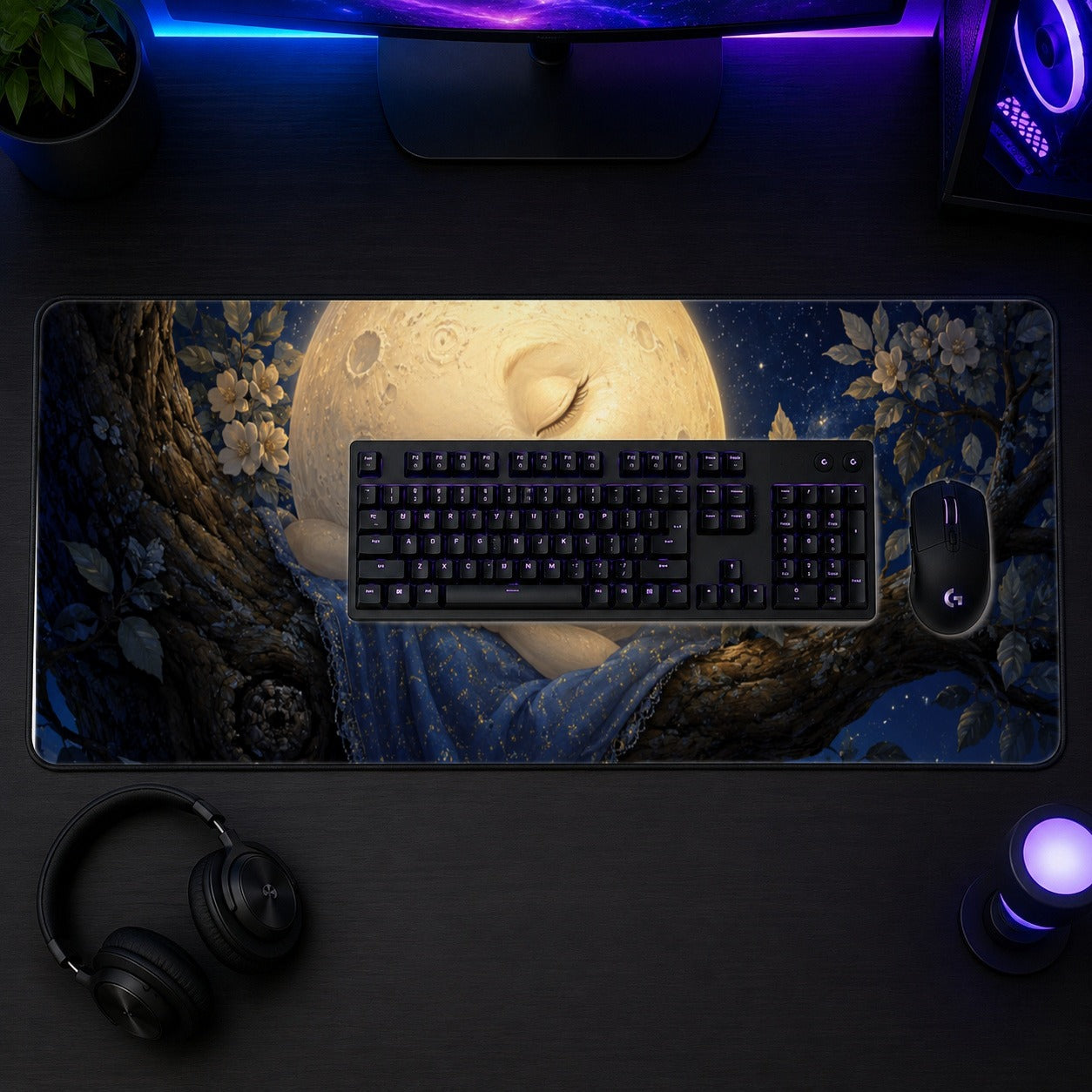 #pl[31.5x11.8 Inch (80x30cm)|Multicolor] Sleeping Moon Desk Mat 31.5x11.8 Inch, Dreamy Celestial Art